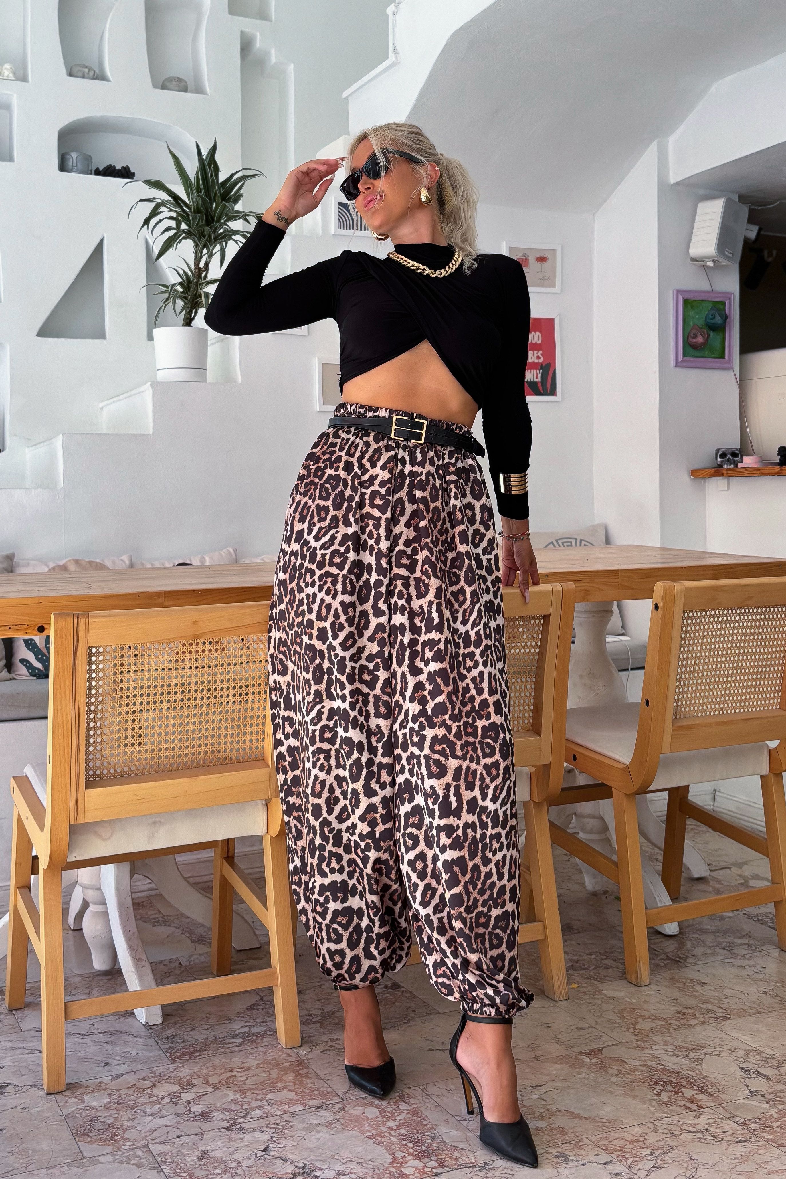 Saten Leopar Şalvar Pantolon