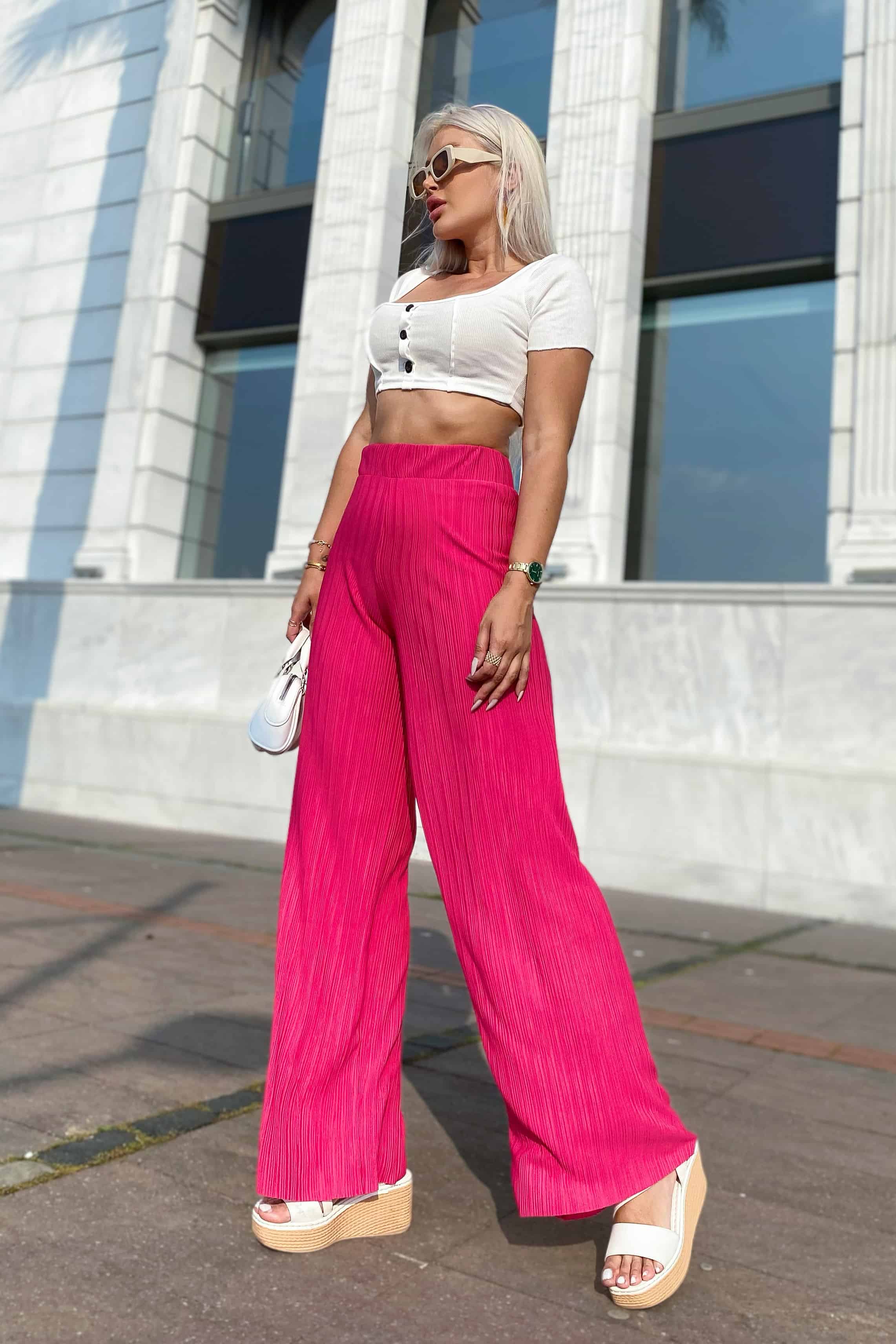 Piliseli Yüksek Bel Pantolon - Pembe