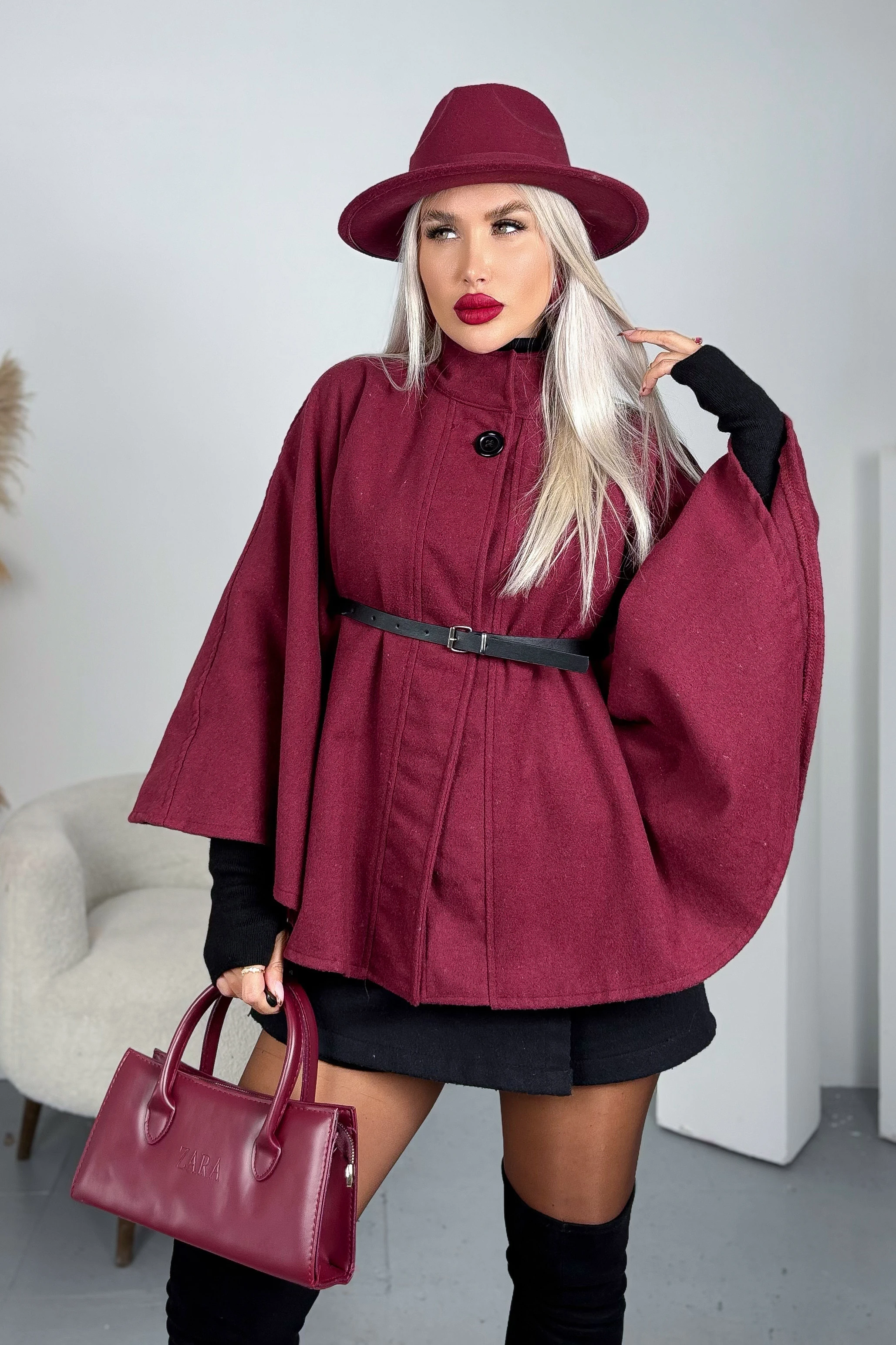 Kemerli Kaşe Kaban - Bordo