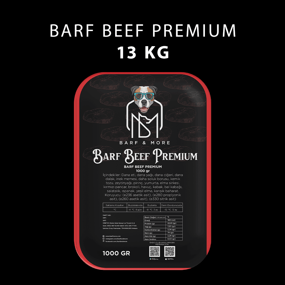 Barf Beef Premium 10 kg + 3kg (1000 Gr. Aç Bitir Paketlerde)