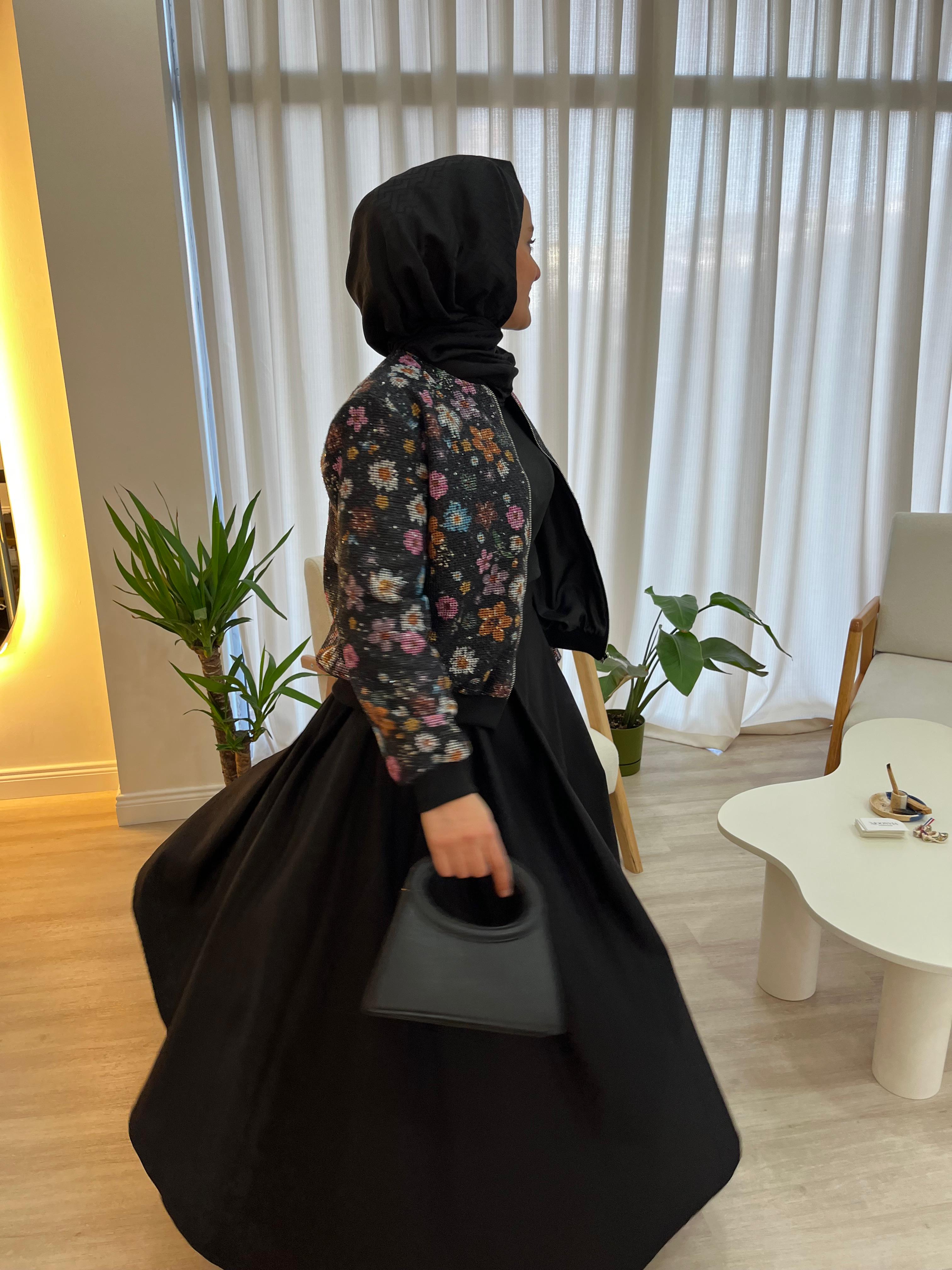 Fileli Çiçek Desenli Fermuarlı Bomber Ceket