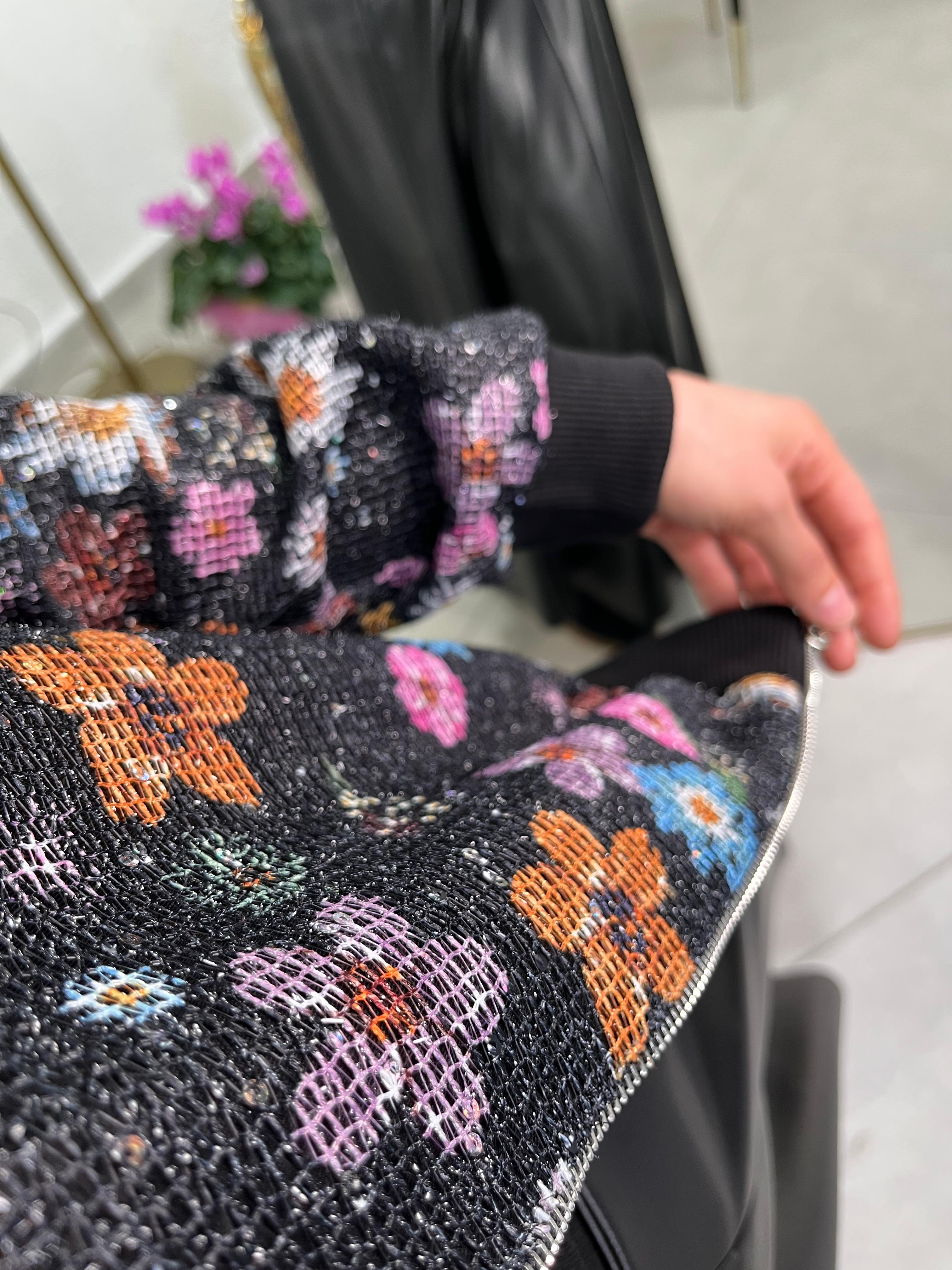 Fileli Çiçek Desenli Fermuarlı Bomber Ceket