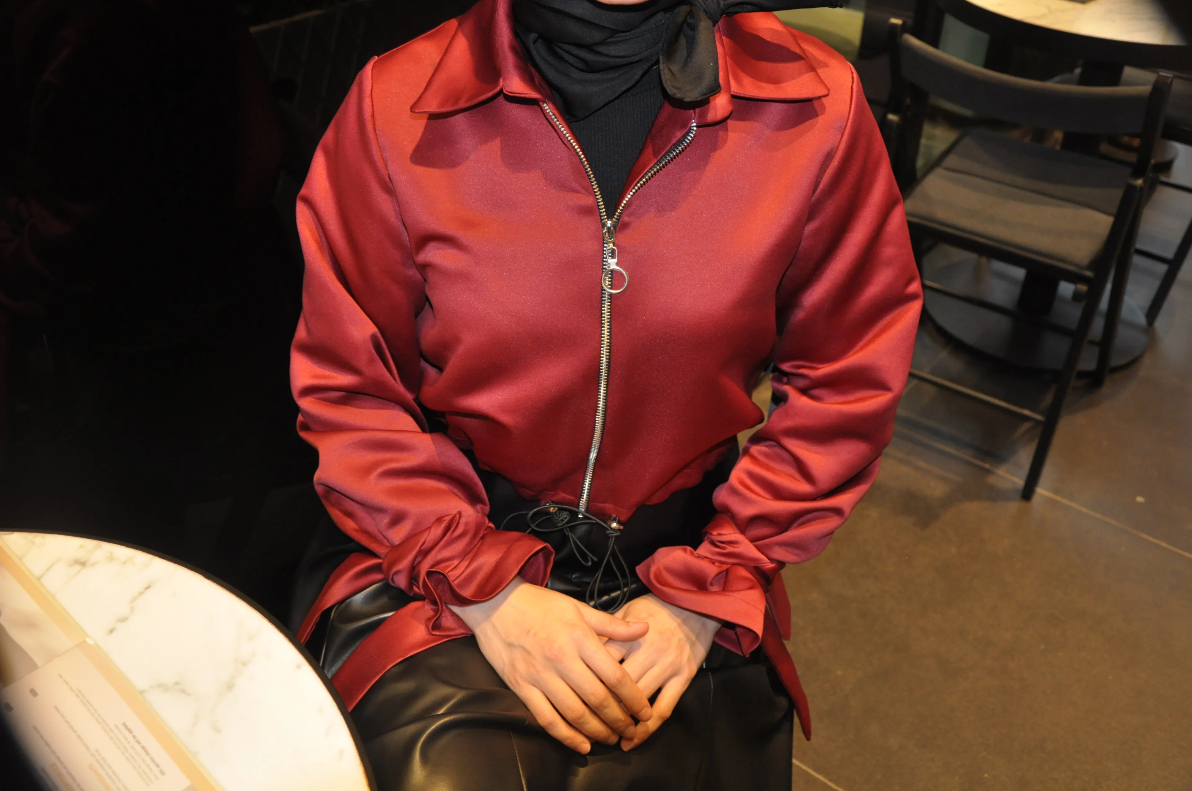 Bordo Fermuarlı Saten Ceket