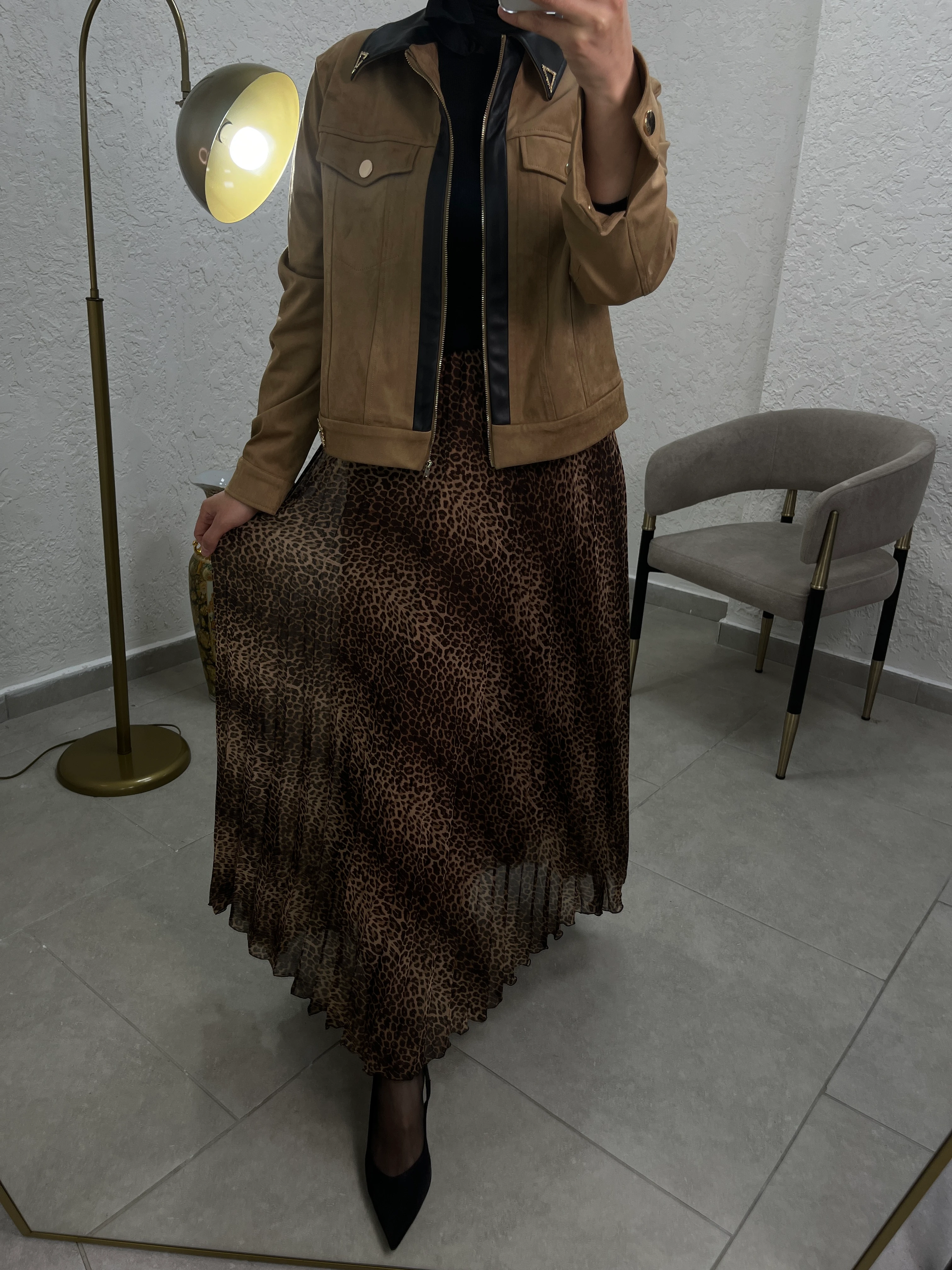 Süet Ceket, Leopar İpek Şifon Etek Takımı