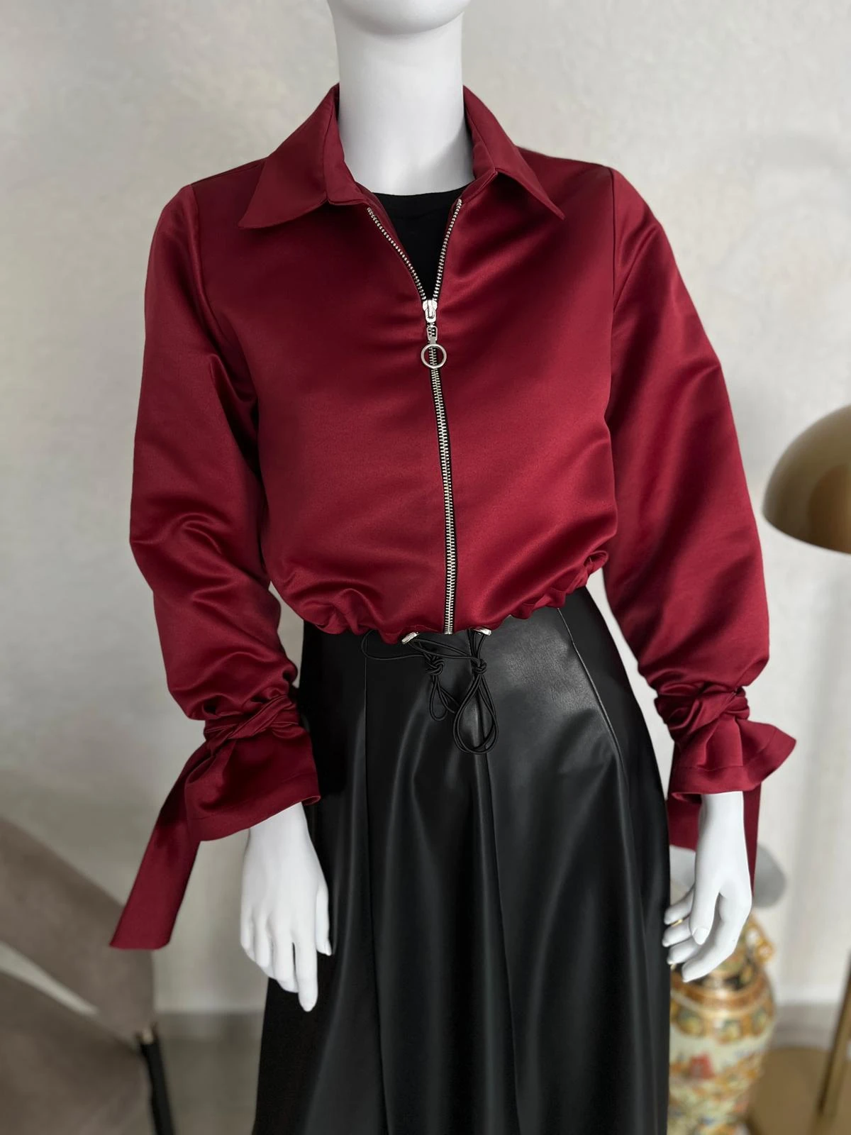 Bordo Fermuarlı Saten Ceket