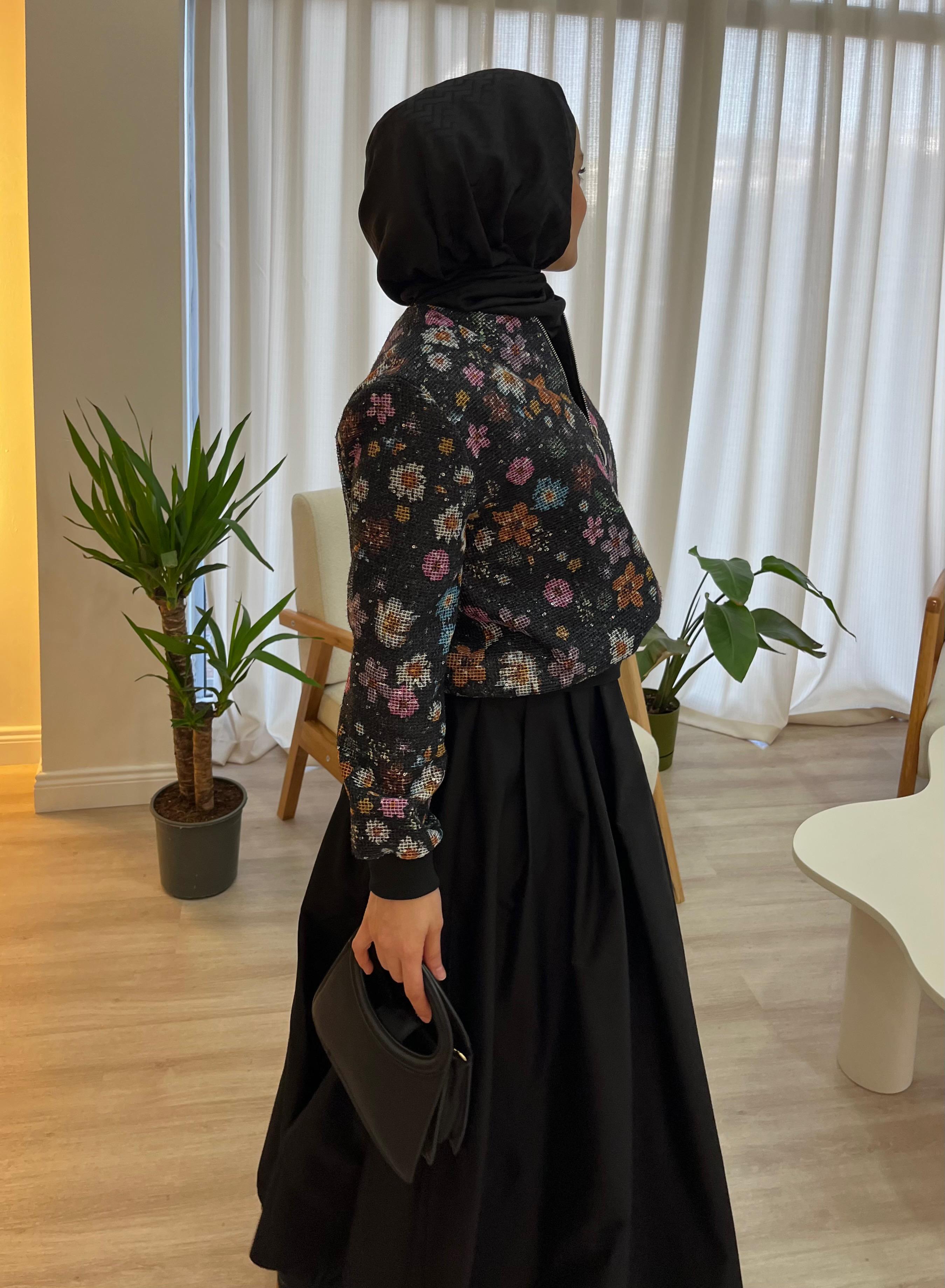 Fileli Çiçek Desenli Fermuarlı Bomber Ceket