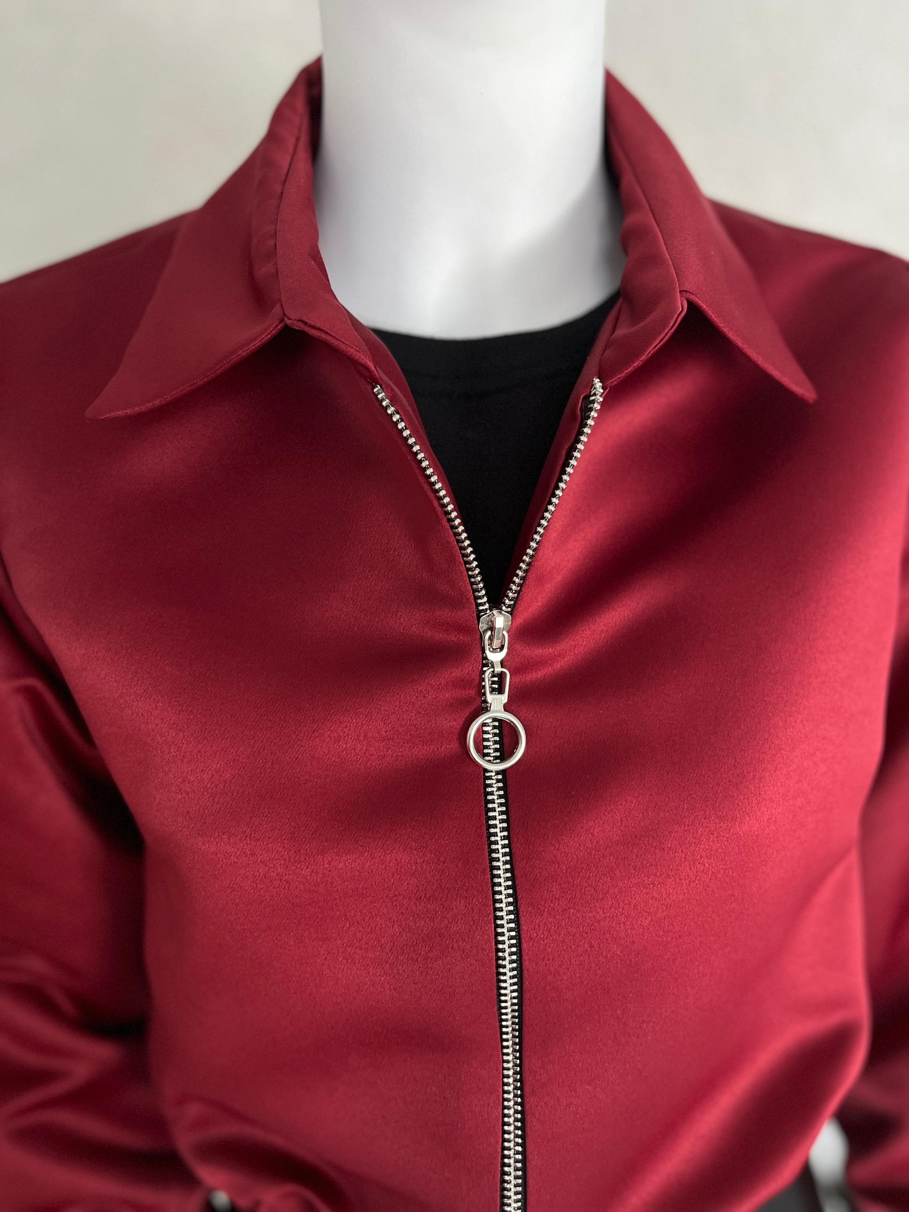 Bordo Fermuarlı Saten Ceket