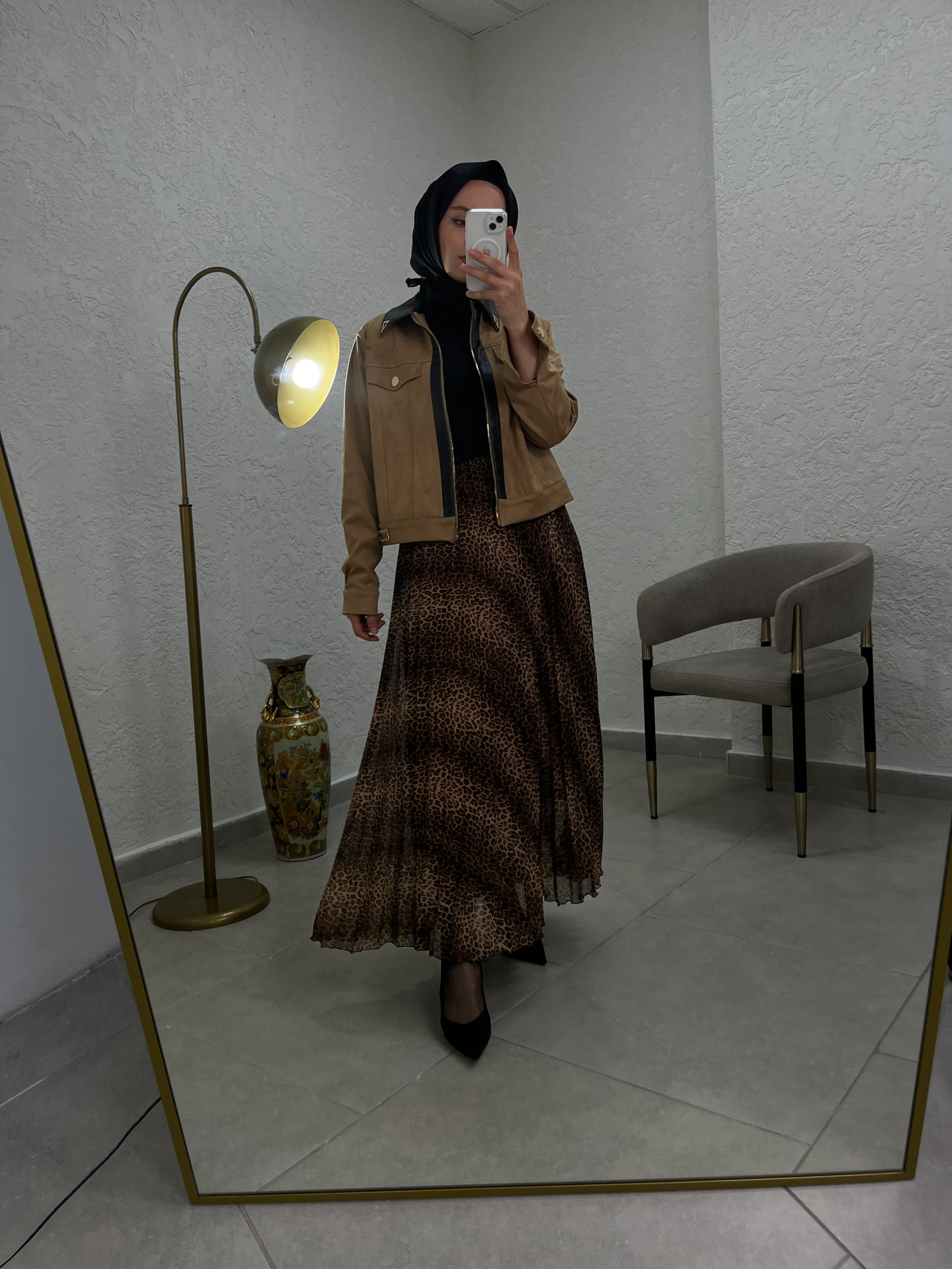 Süet Ceket, Leopar İpek Şifon Etek Takımı