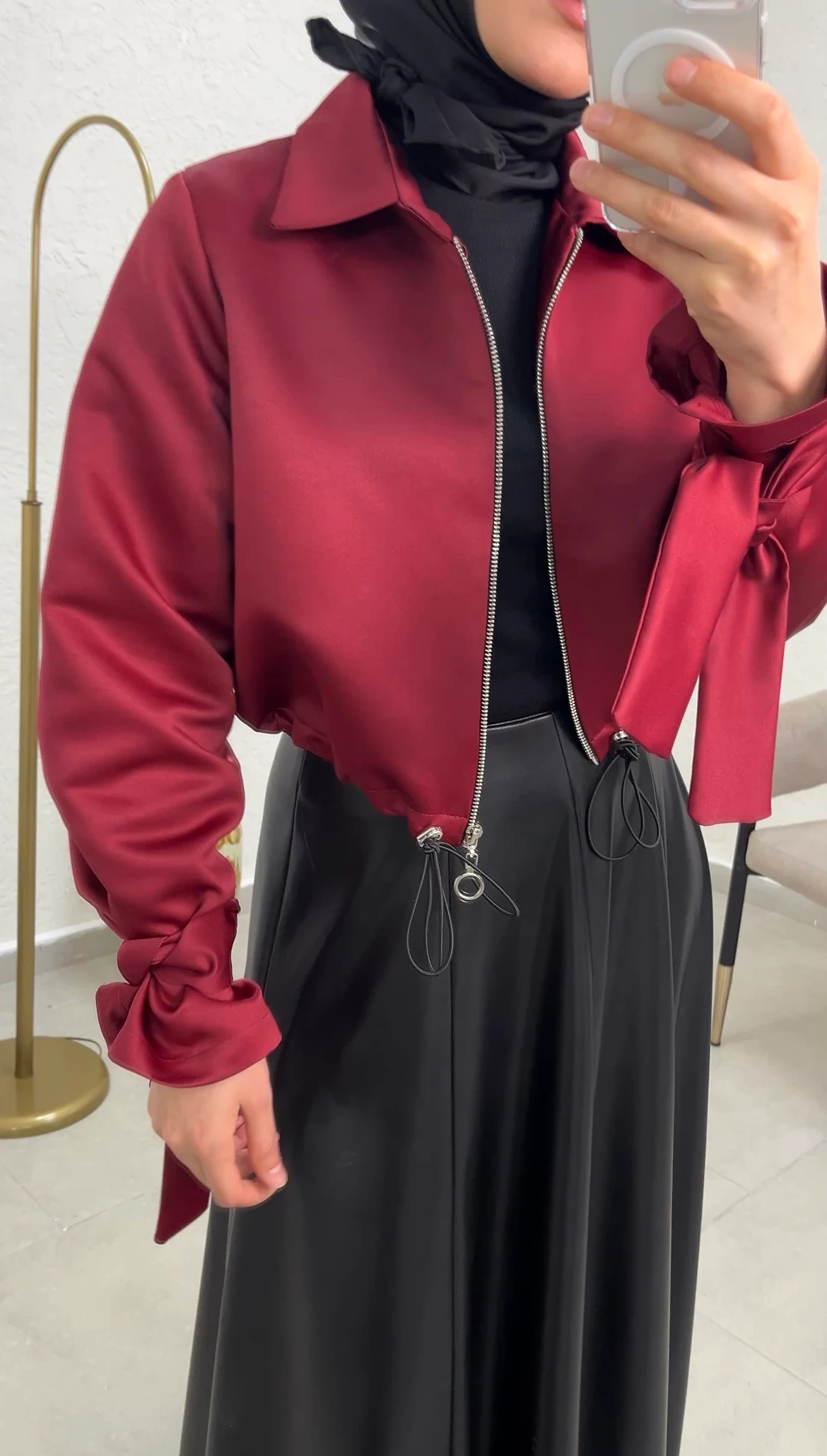 Bordo Fermuarlı Saten Ceket