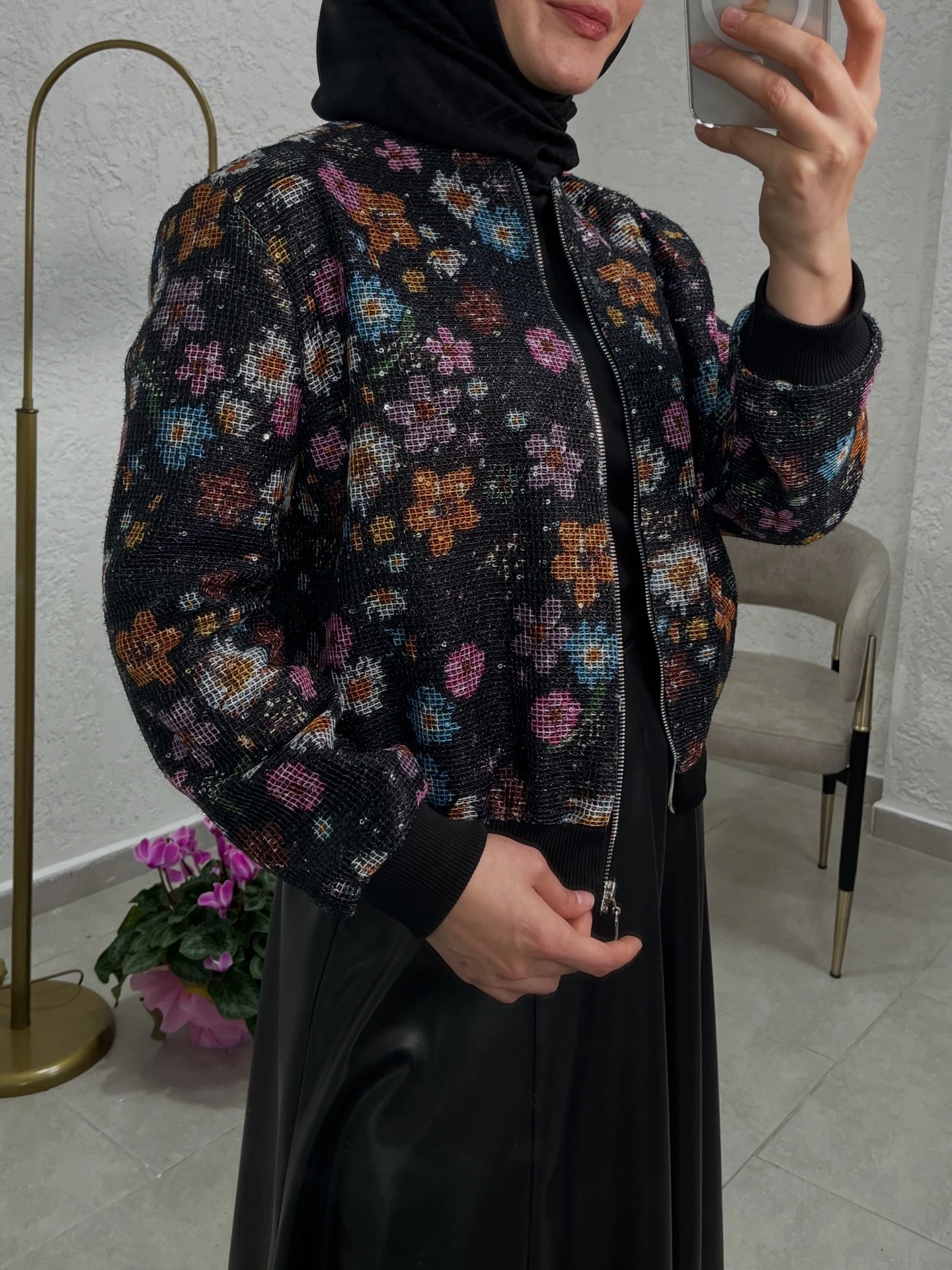 Fileli Çiçek Desenli Fermuarlı Bomber Ceket