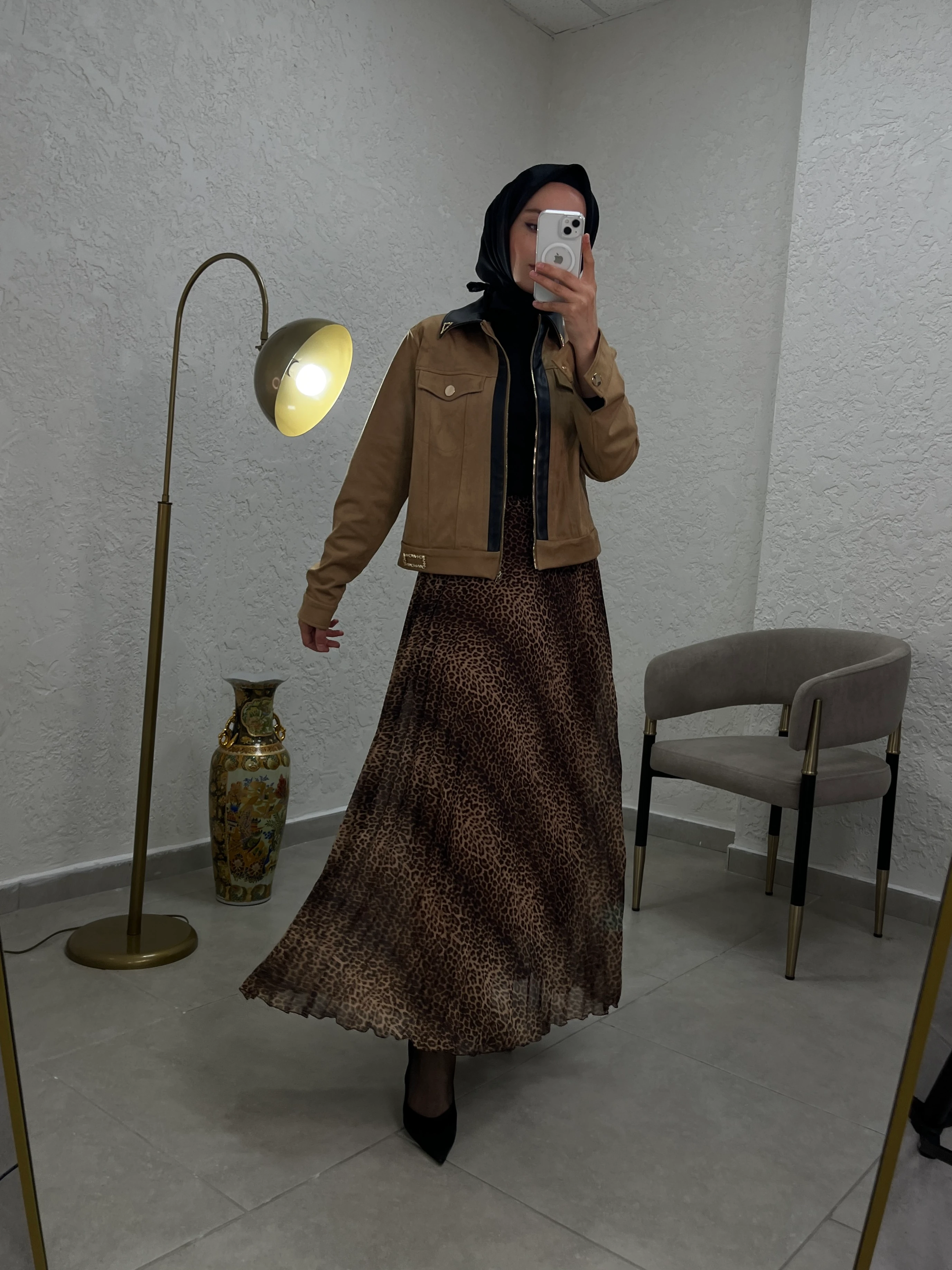 Süet Ceket, Leopar İpek Şifon Etek Takımı