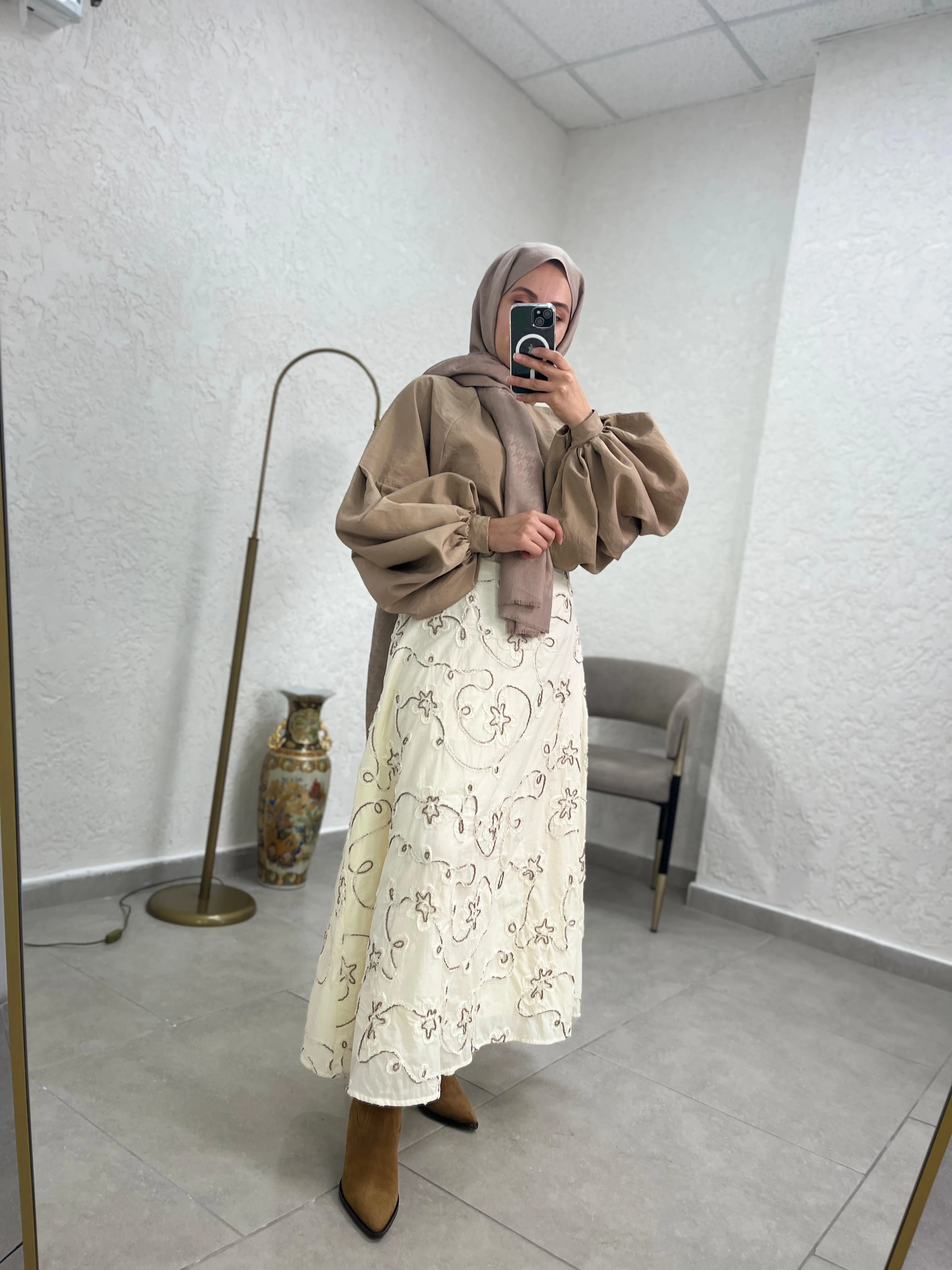 Çiçek Nakışlı  Pamuk Keten Etek