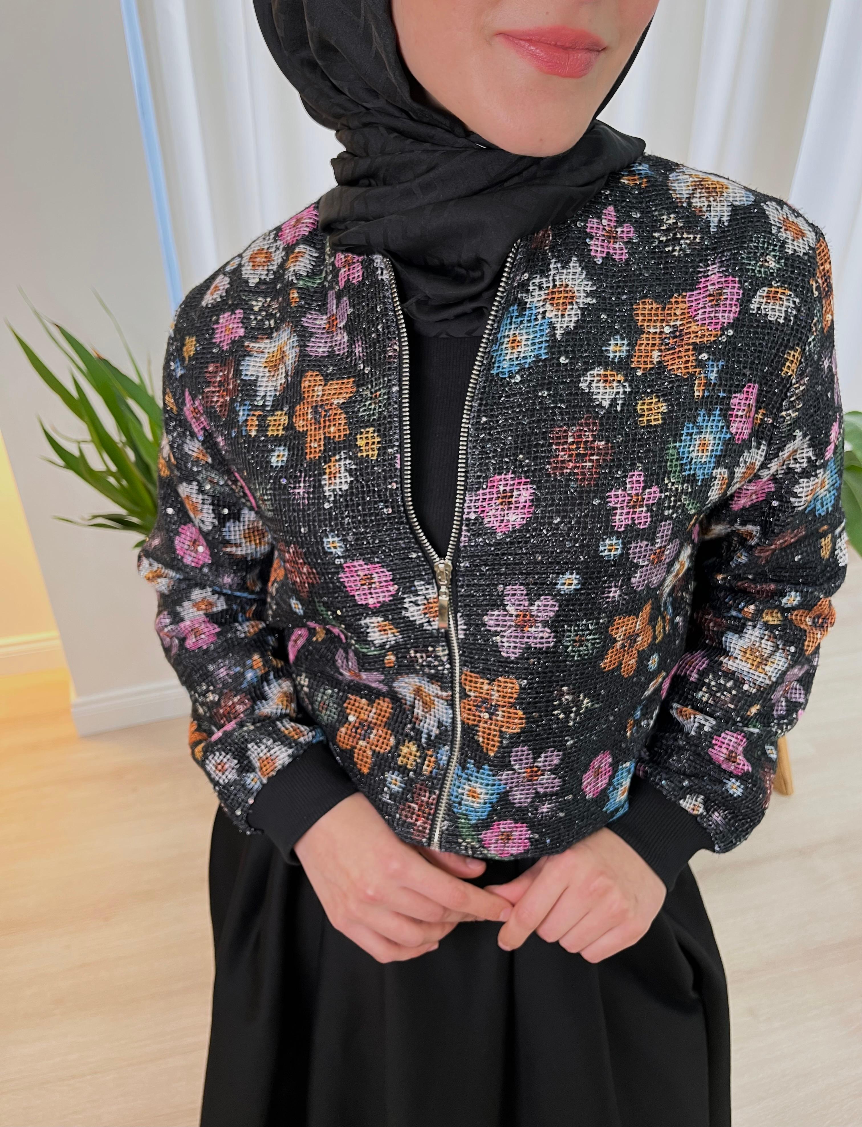 Fileli Çiçek Desenli Fermuarlı Bomber Ceket