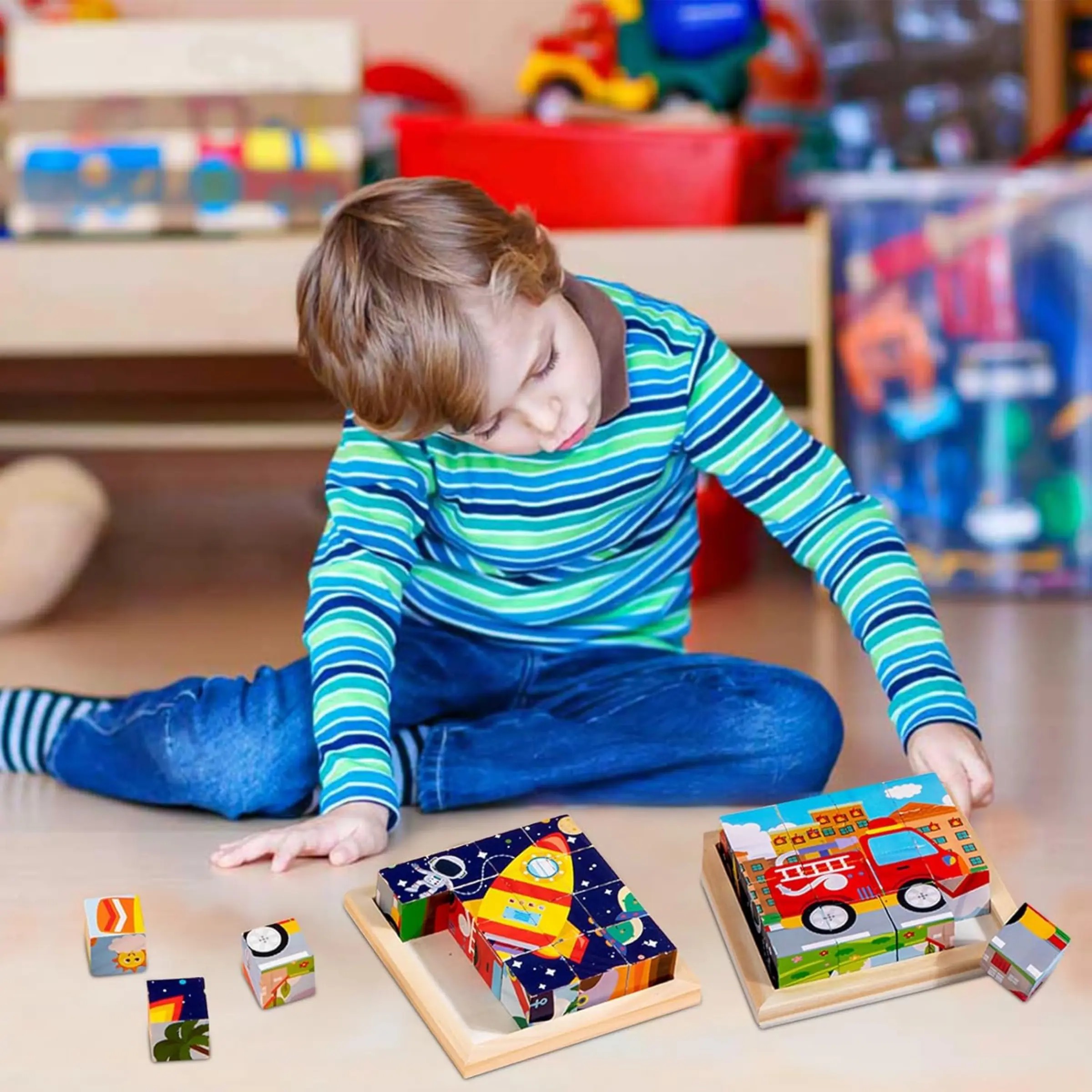 6 Farklı Karakterli 16’lı Ahşap Küp Yapboz | Eğitici Montessori Oyuncak