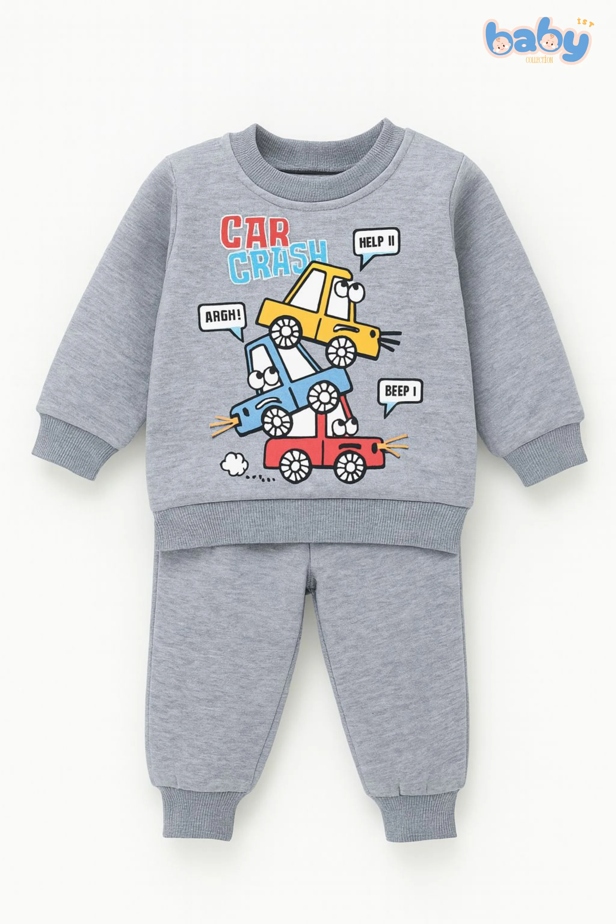 Car Crash Baskılı Bebek Takımı - Gri