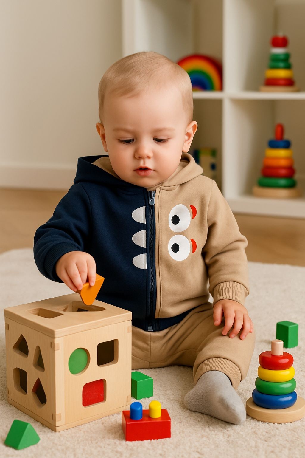 2 İP Göz Diş Nakışlı Kapüşonlu Erkek Bebek Takım