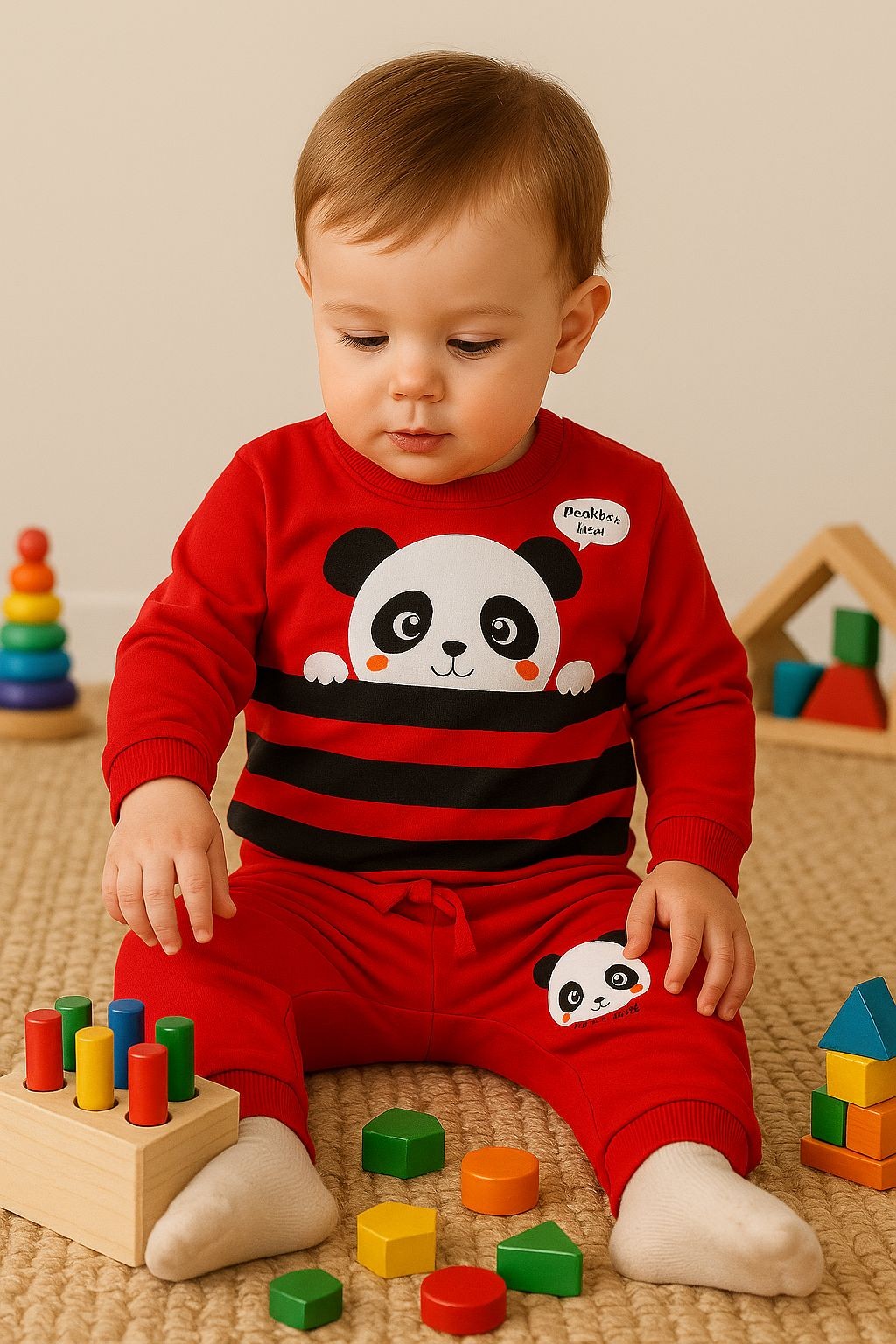Pandalı Çizgili Altı Baskılı Erkek Bebek Takım