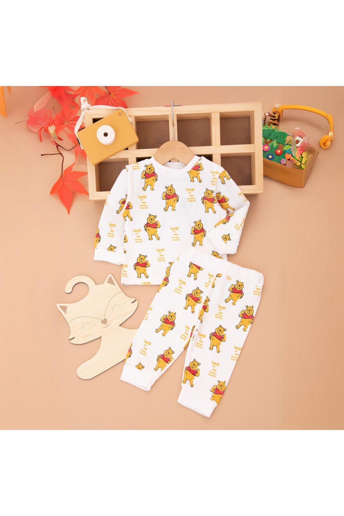 Unisex Bebek Ceketli Ayıcık Baskılı 2`Li Takım