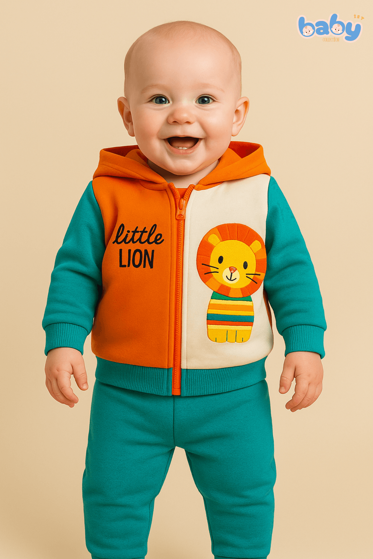 2 İp Lion Kulak Nakışlı Kapüşonlu Erkek Bebek Takımı