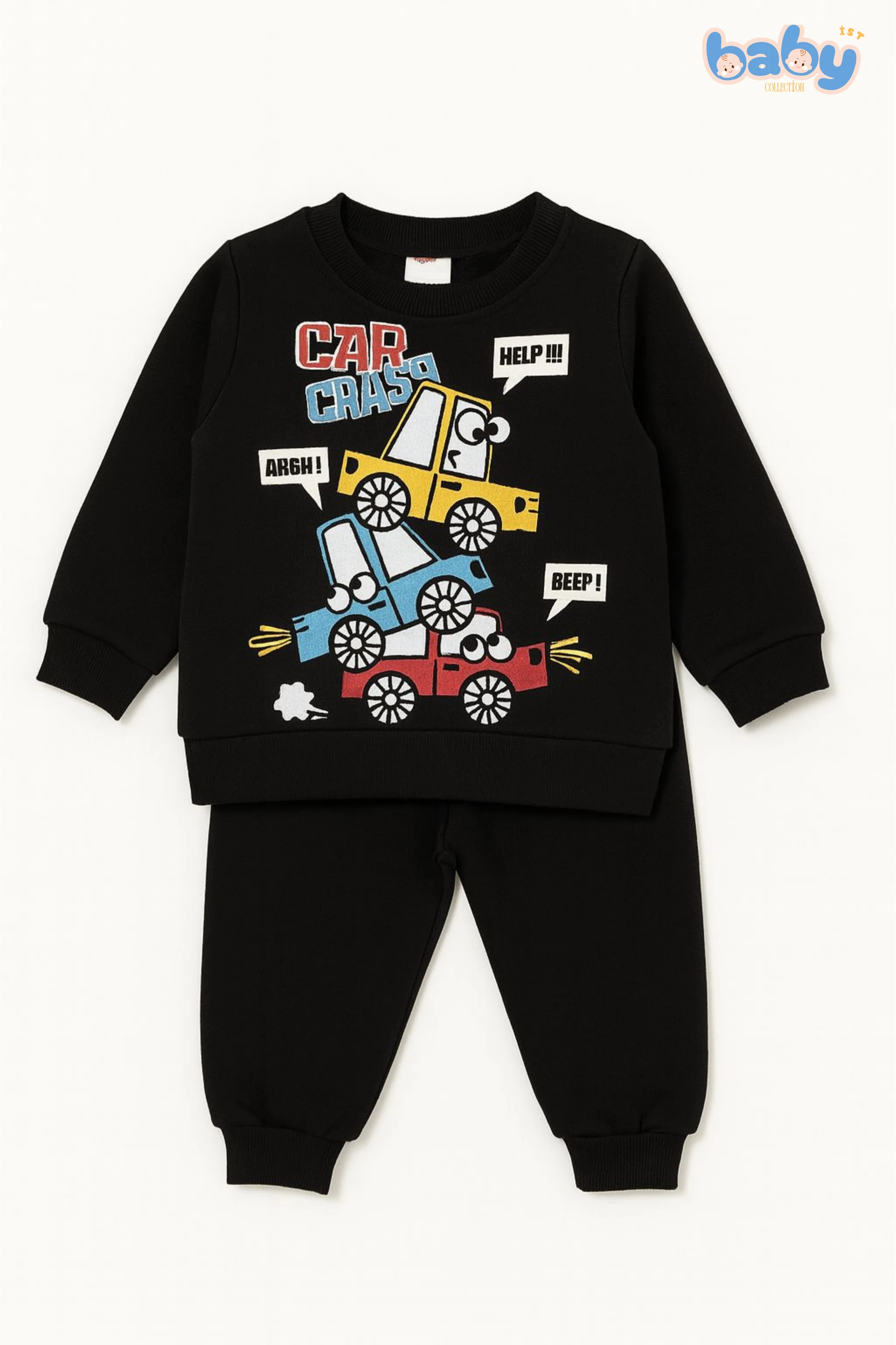 Car Crash Baskılı Bebek Takımı - Siyah