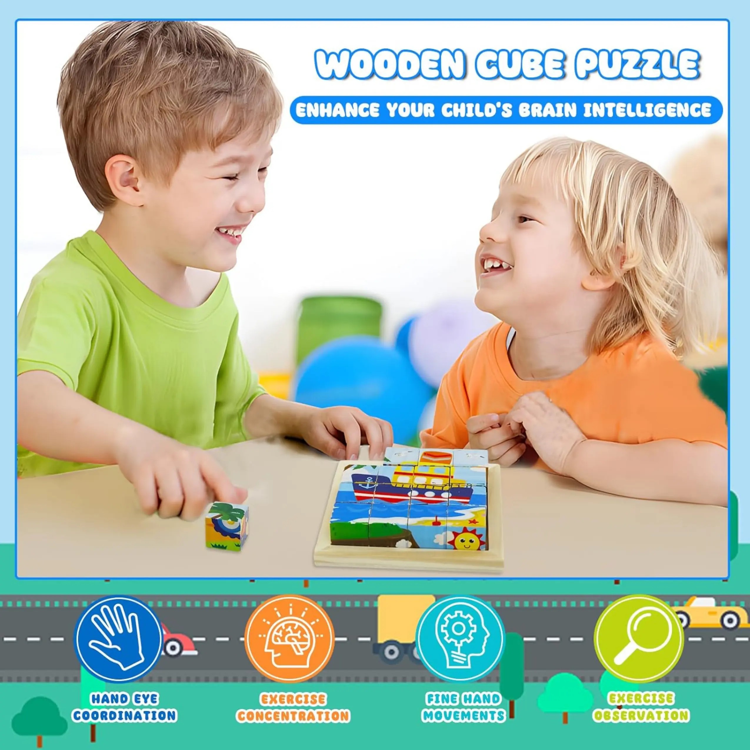 6 Farklı Karakterli 16’lı Ahşap Küp Yapboz | Eğitici Montessori Oyuncak