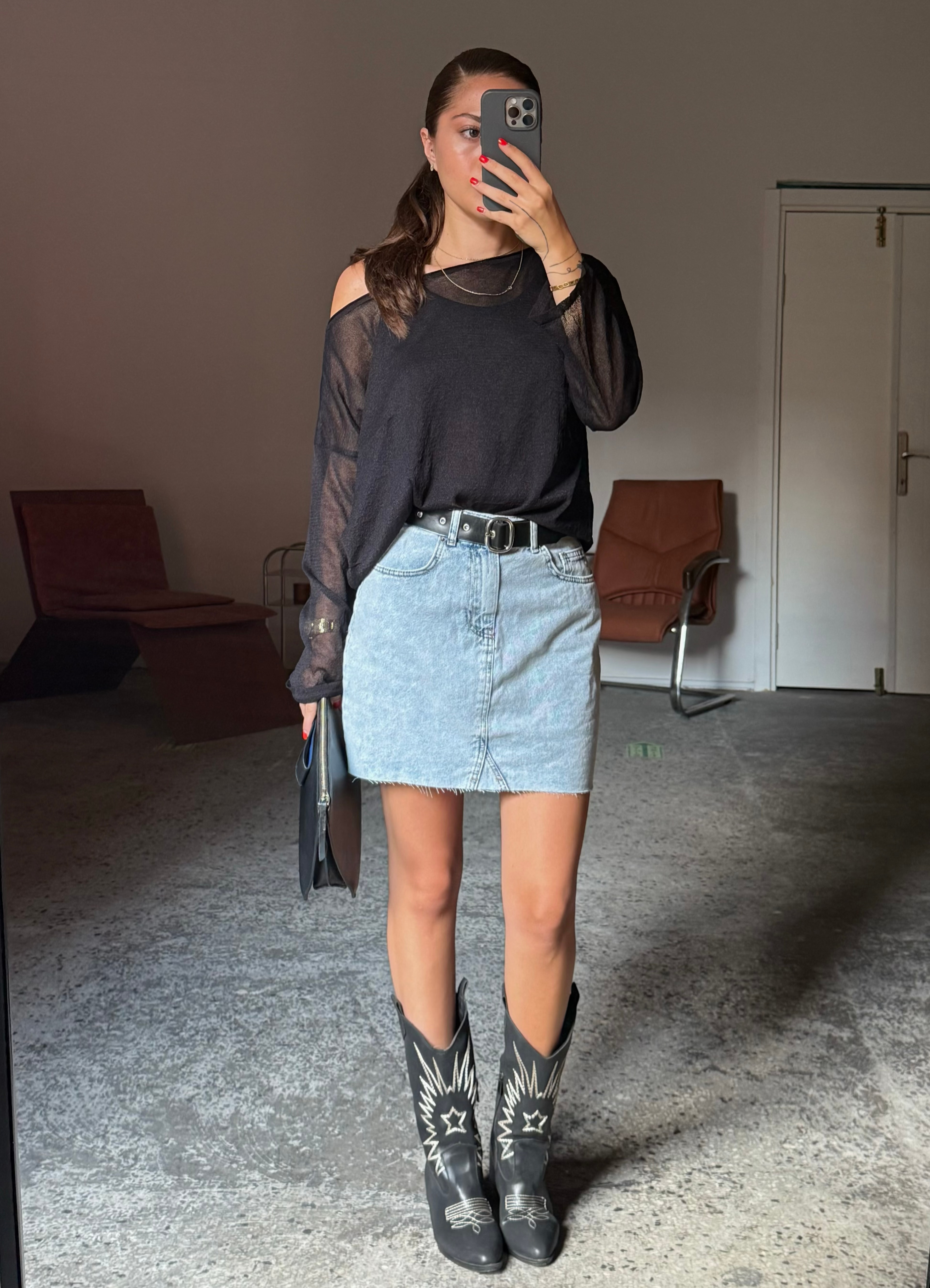 Kemerli Mini Denim Etek