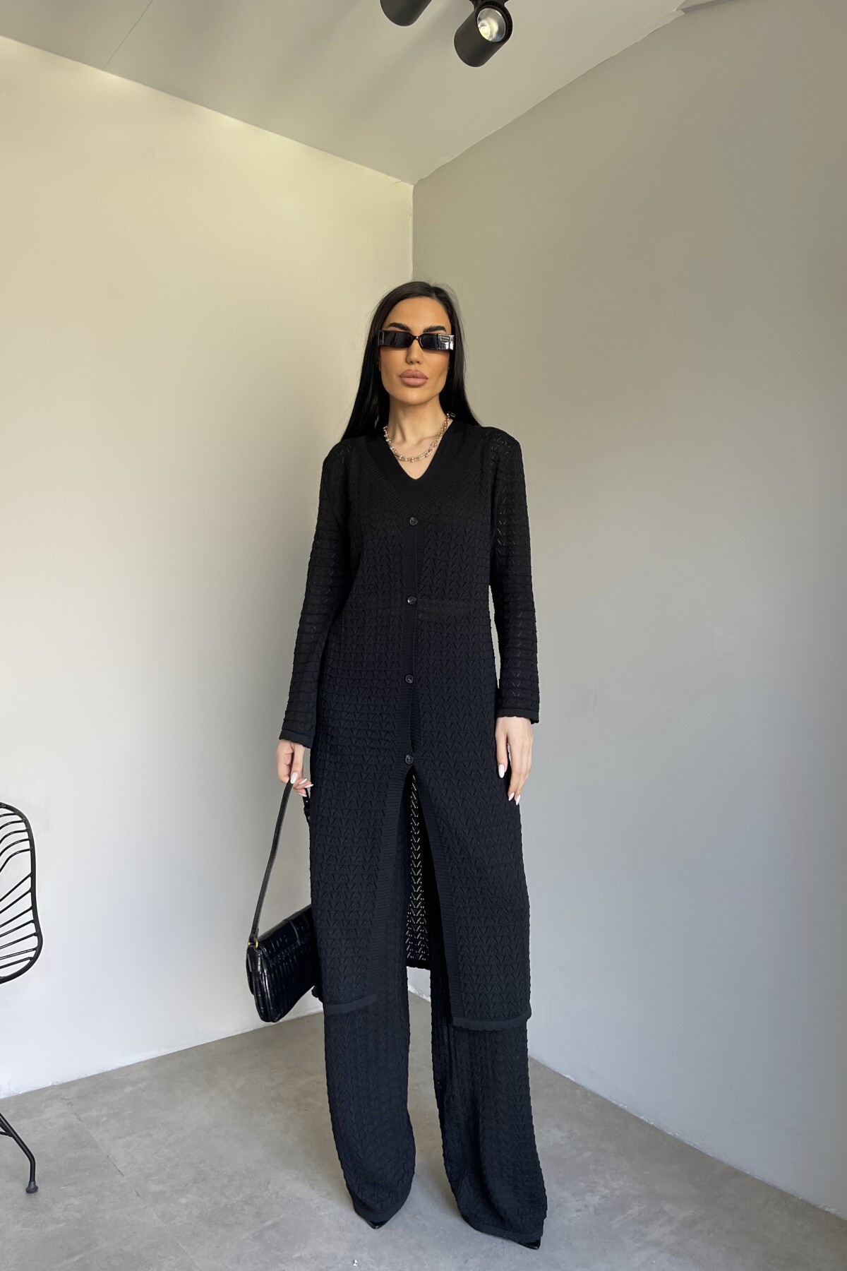 Beyaz Hırka Pantolon Crop Bluz Üçlü Kadın Takım