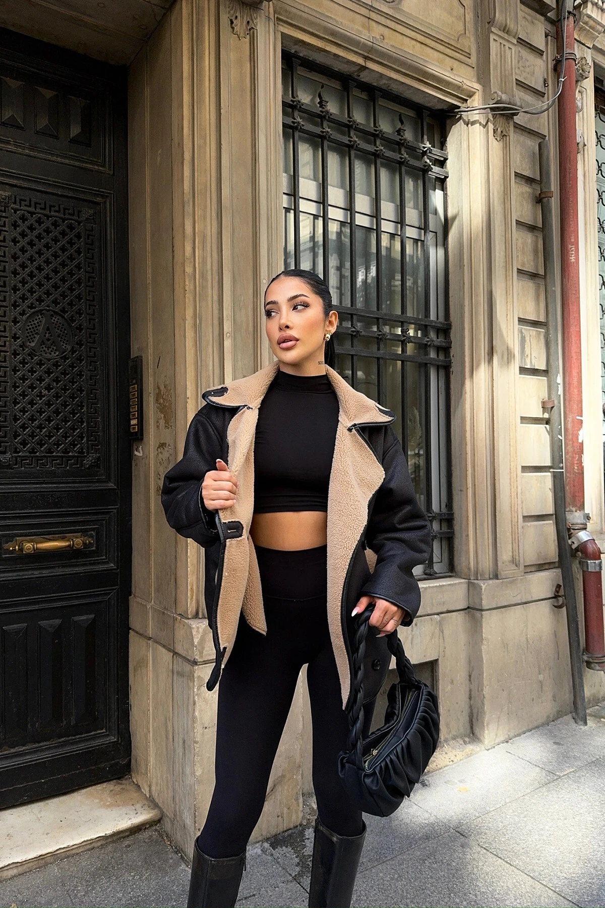 İçi Kürklü Oversize Siyah Camel Kadın Deri Ceket
