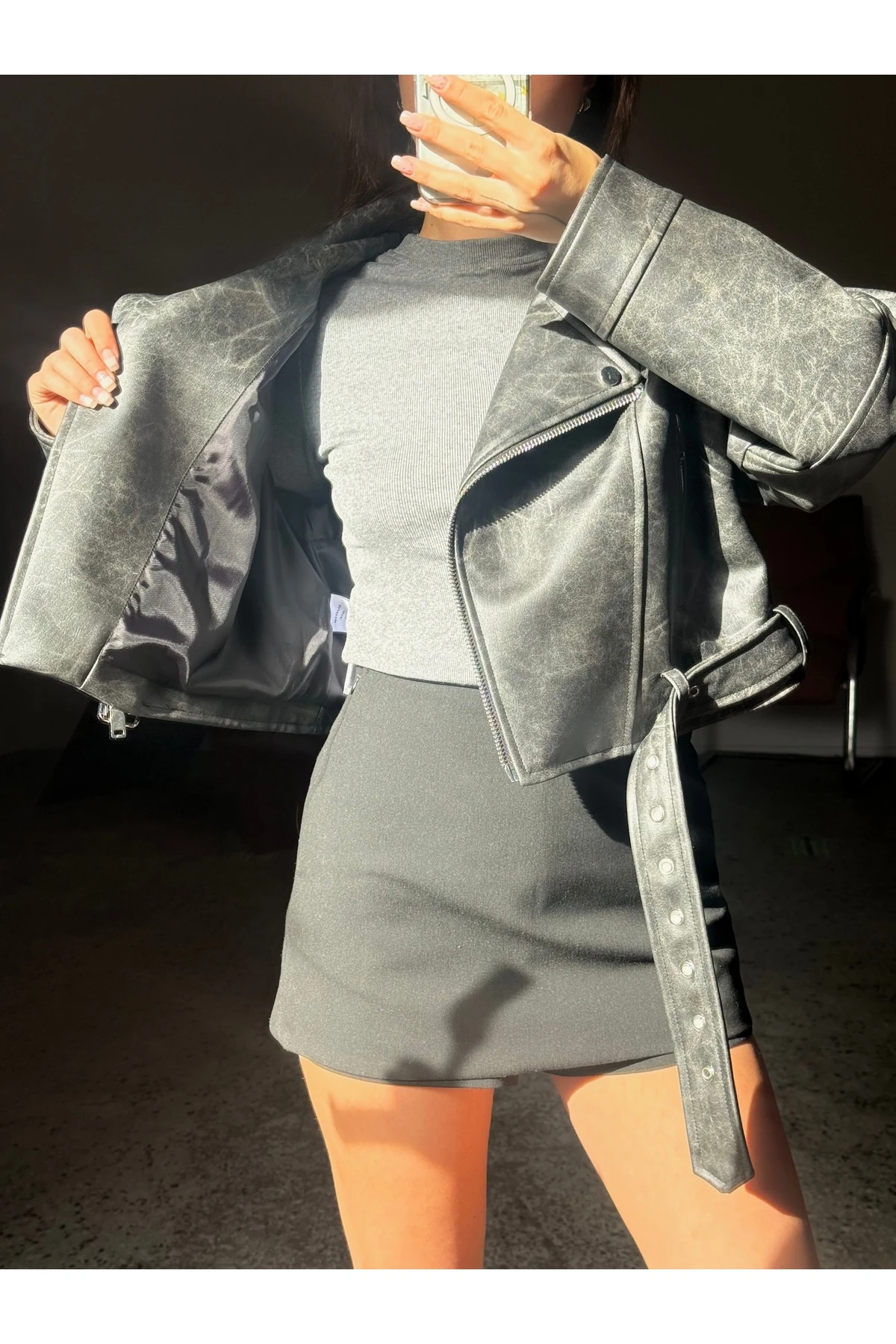 Siyah Suni Deri Crop Biker Ceket 