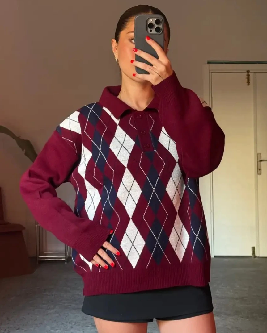 Polo Yaka, Baklava Desenli Kadın Triko Kazak - BORDO