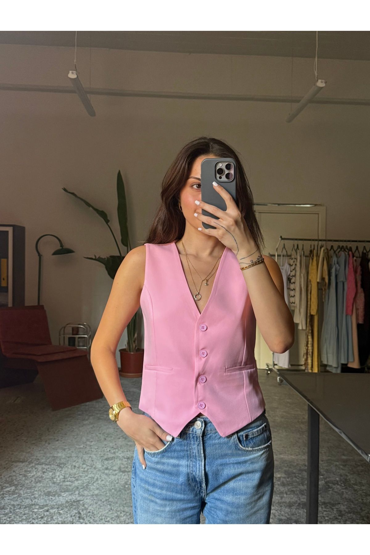 Fitted Scuba Astarlı V Yaka Düğmeli Yelek - PEMBE
