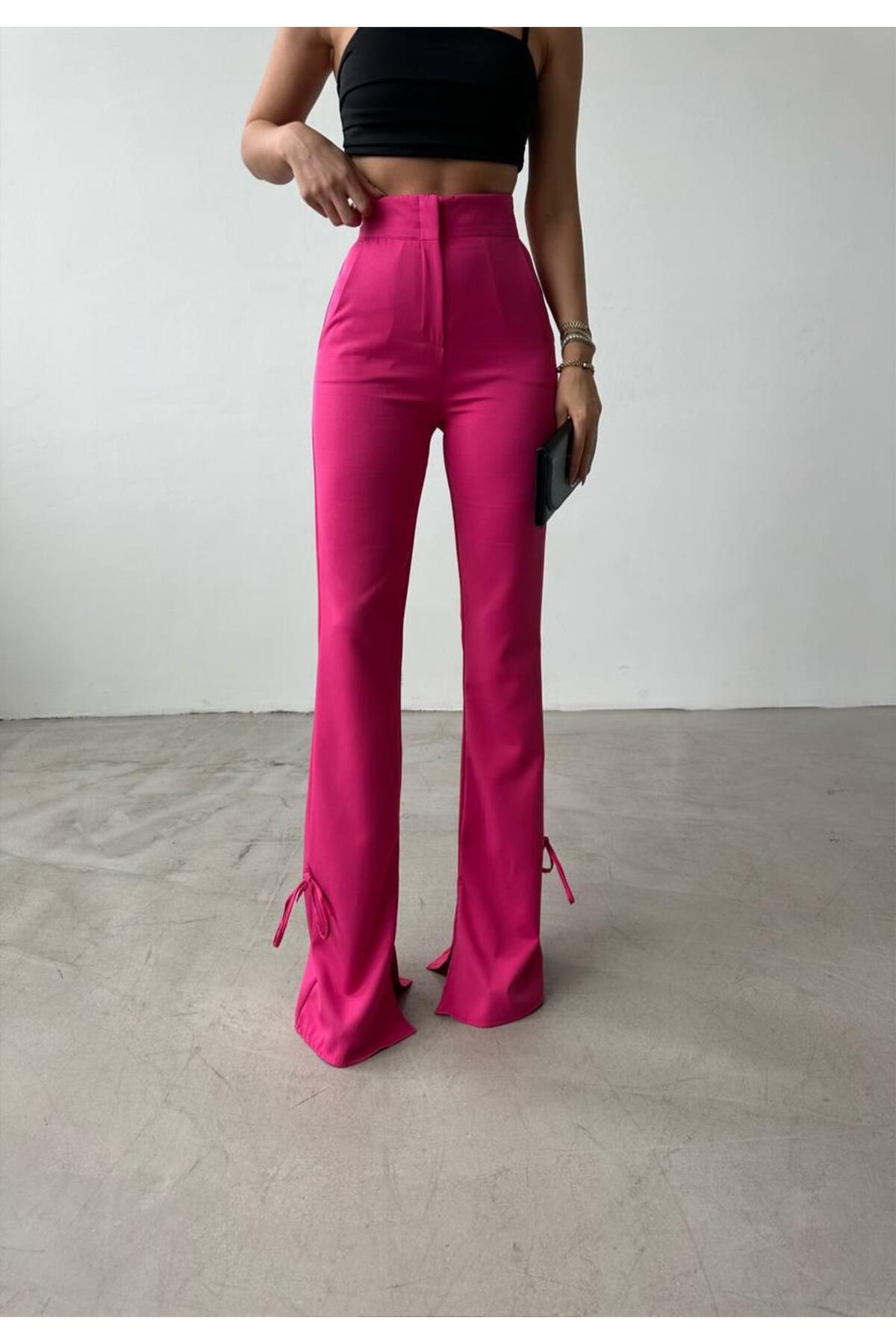 Atlas Kumaş, İspanyol Paça, Kurdele Detaylı Maxi Pantolon - PEMBE