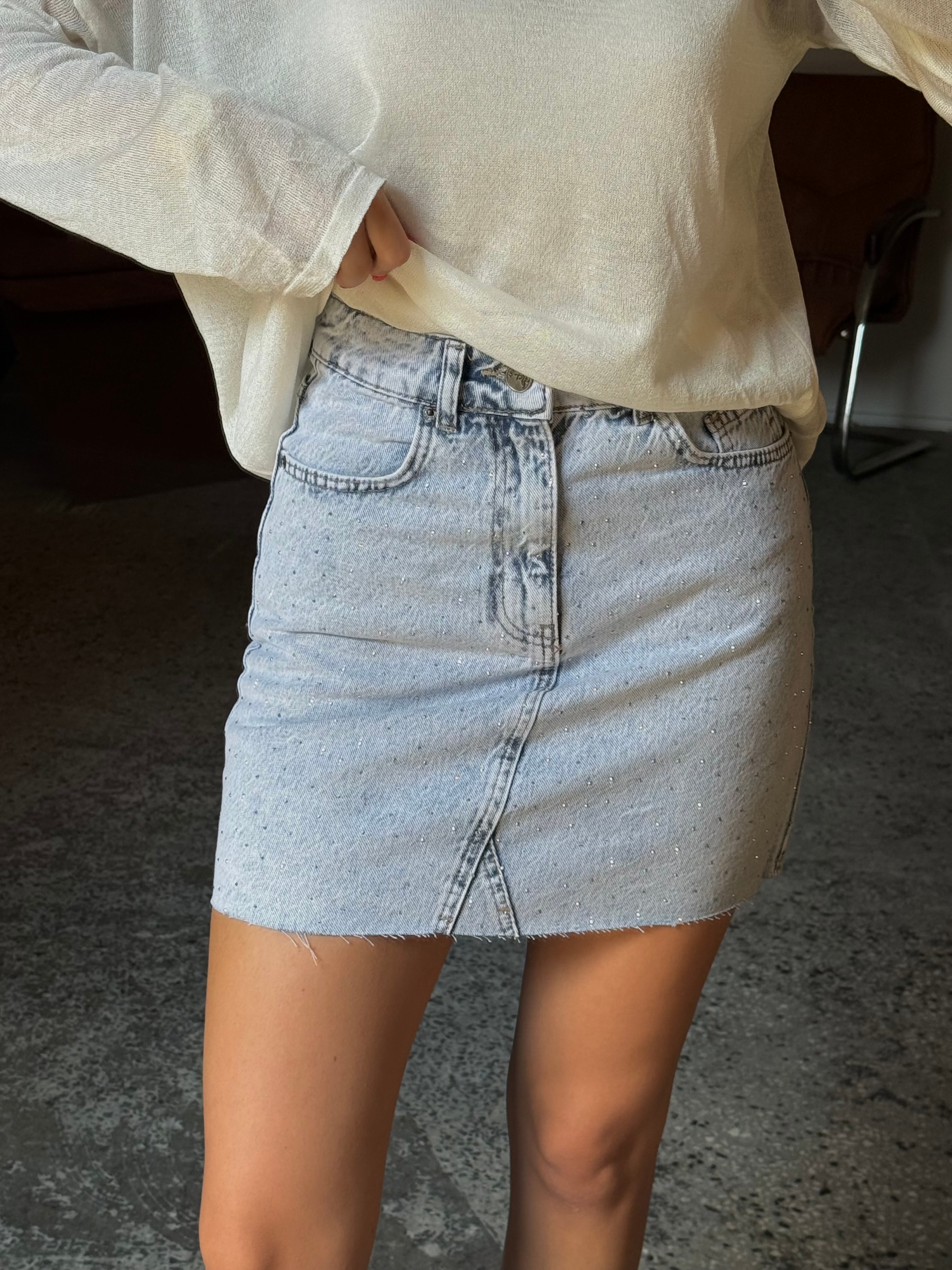 Silver Taş İşlemeli Denim Mini Etek