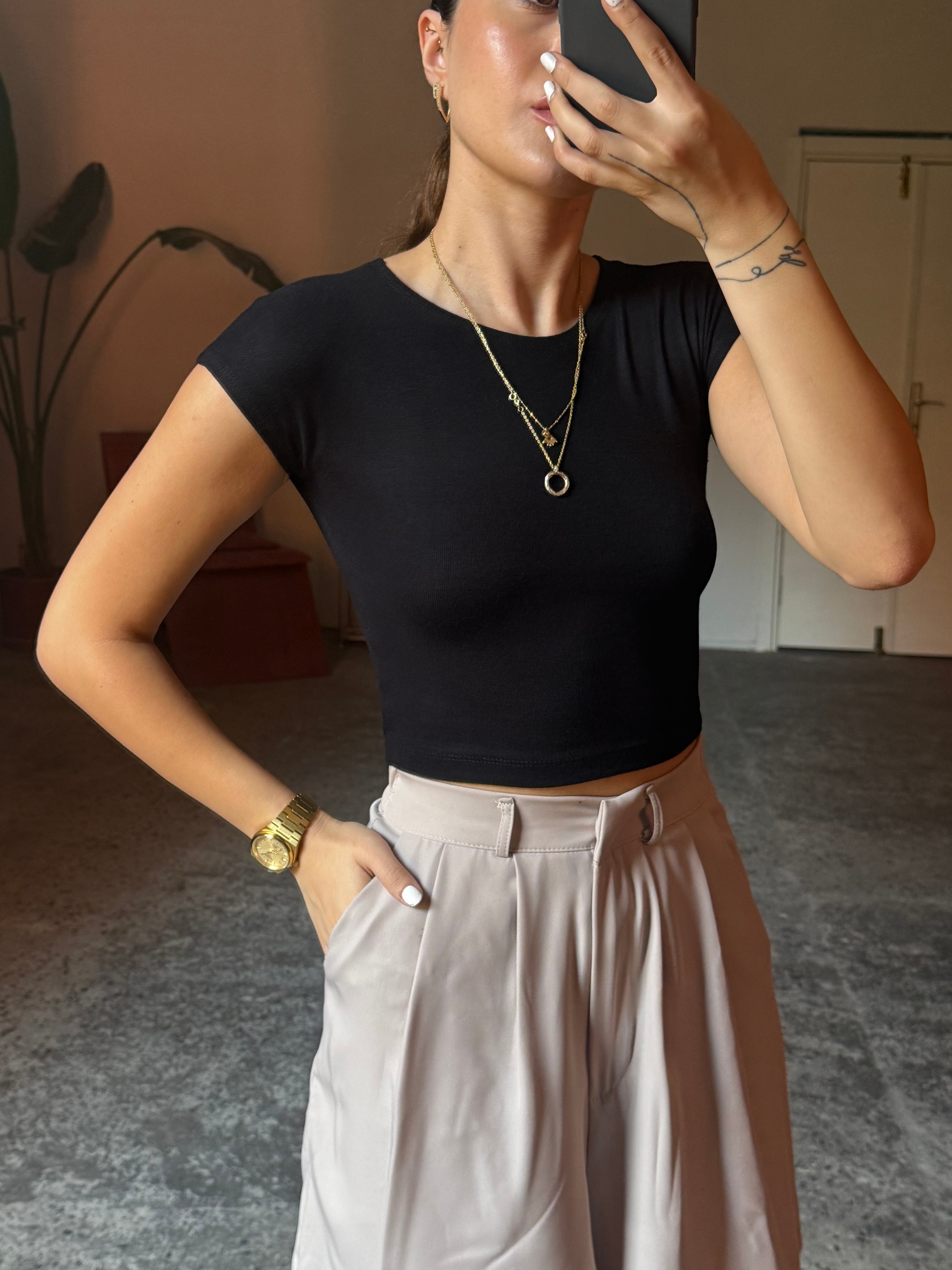 ZR Bisiklet Yaka Esnek Kısa Kollu Siyah Body