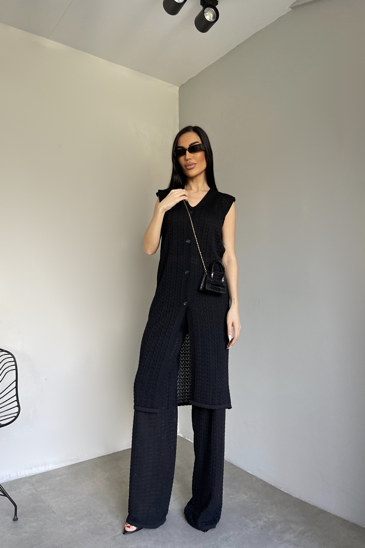 Siyah Yelek Pantolon Crop Bluz Üçlü Kadın Takım