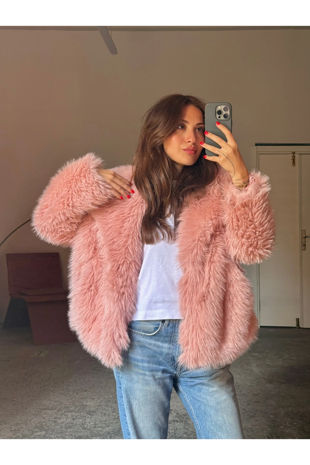 Pudra Pembe Astarlı Geniş Yaka Kürk