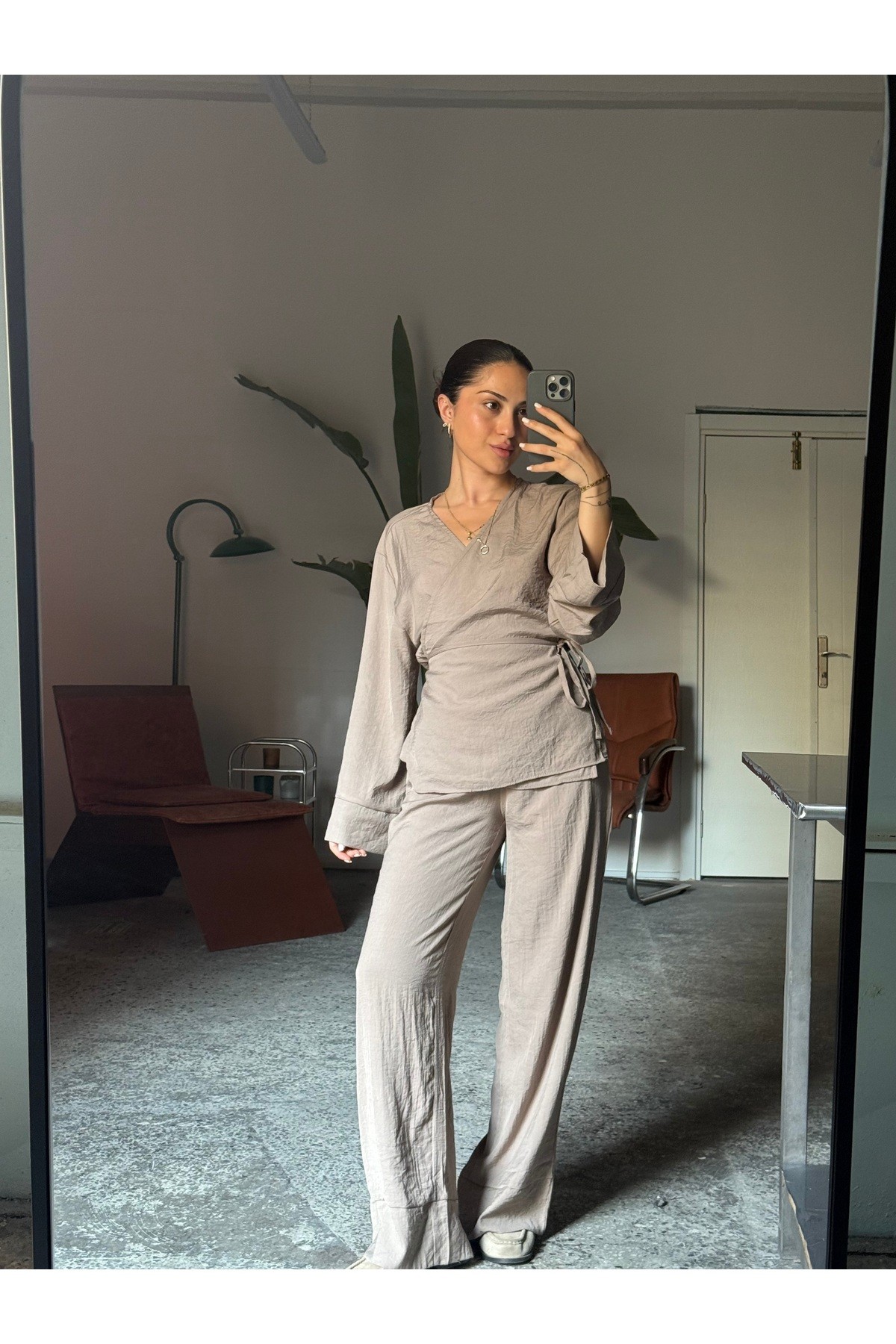 Vizon Yandan Bağlamalı Bluz- Lastikli Pantolon 2'li Oversize Takım