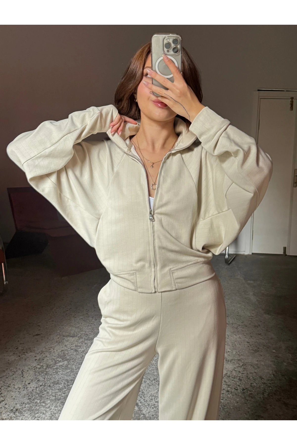 Pamuk Dik Yaka Yarasa Kollu Hırka-Pantolon Takım