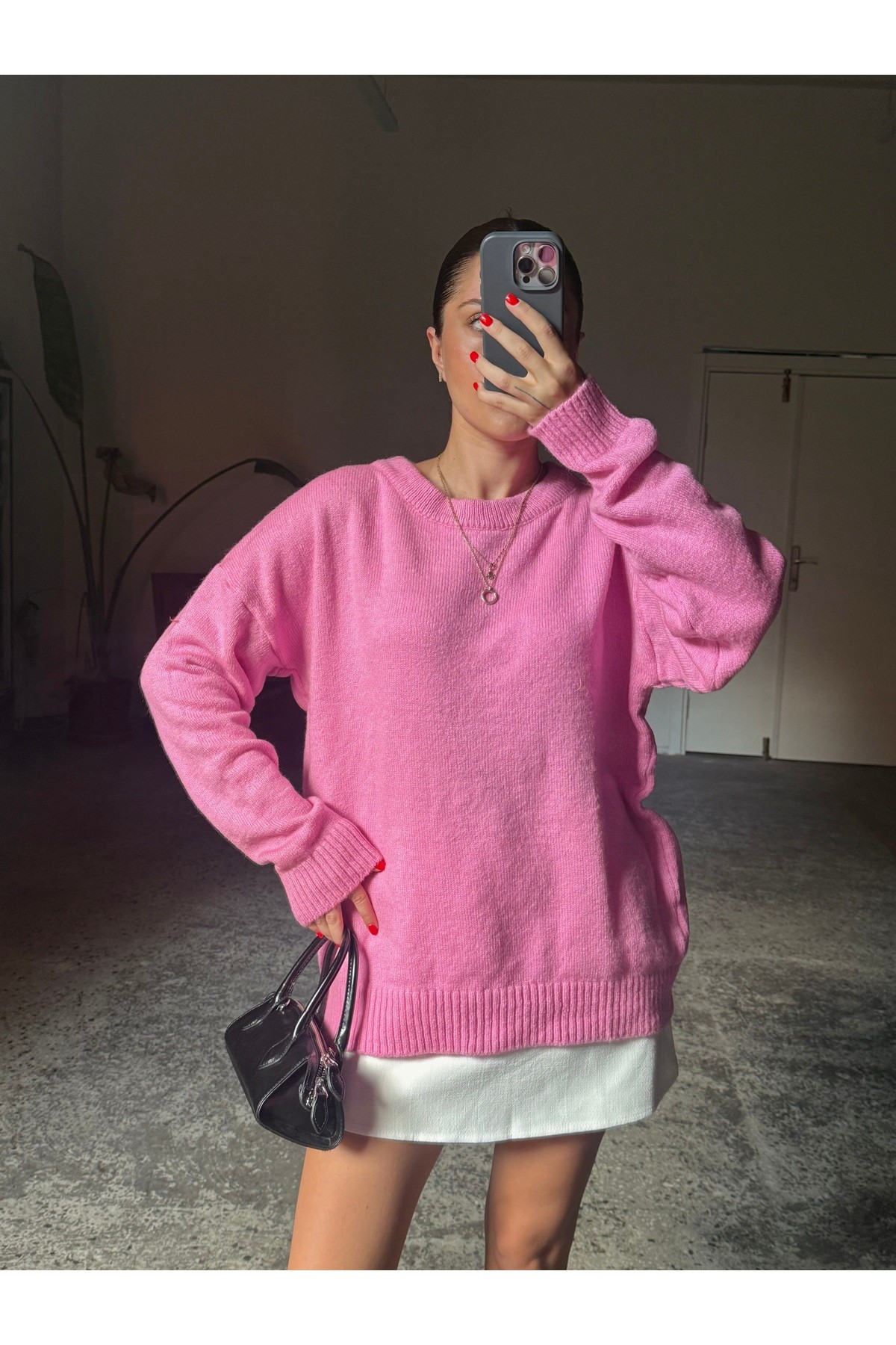  Oversize Bisiklet Yaka Şardonlu Kazak