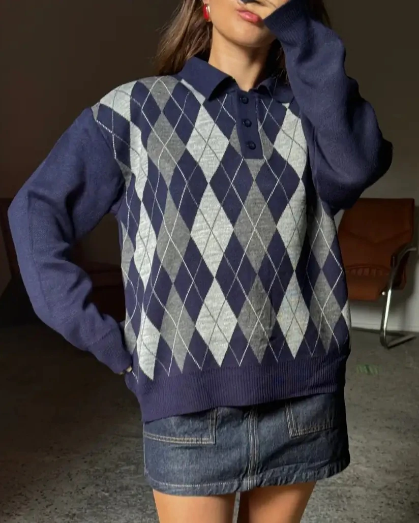 Polo Yaka, Baklava Desenli Kadın Triko Kazak - lacivert-gri