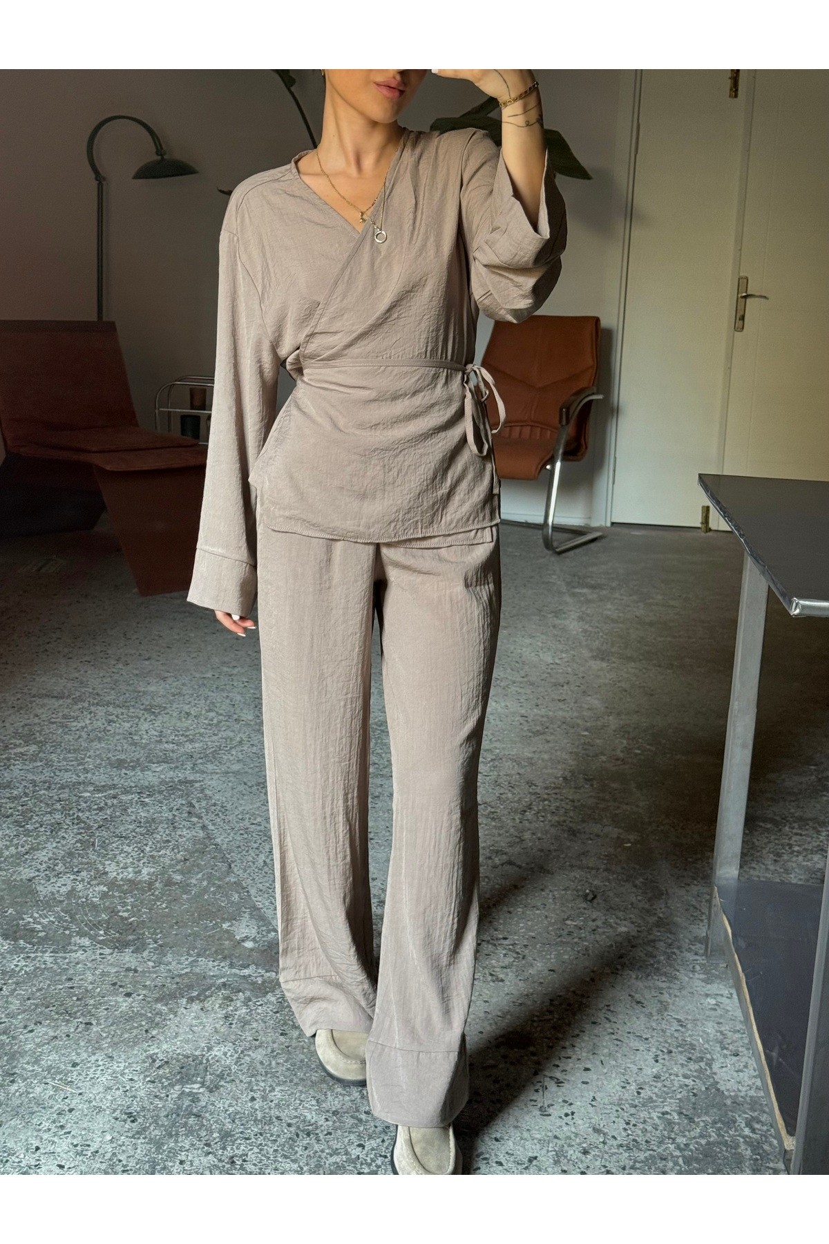 Vizon Yandan Bağlamalı Bluz- Lastikli Pantolon 2'li Oversize Takım