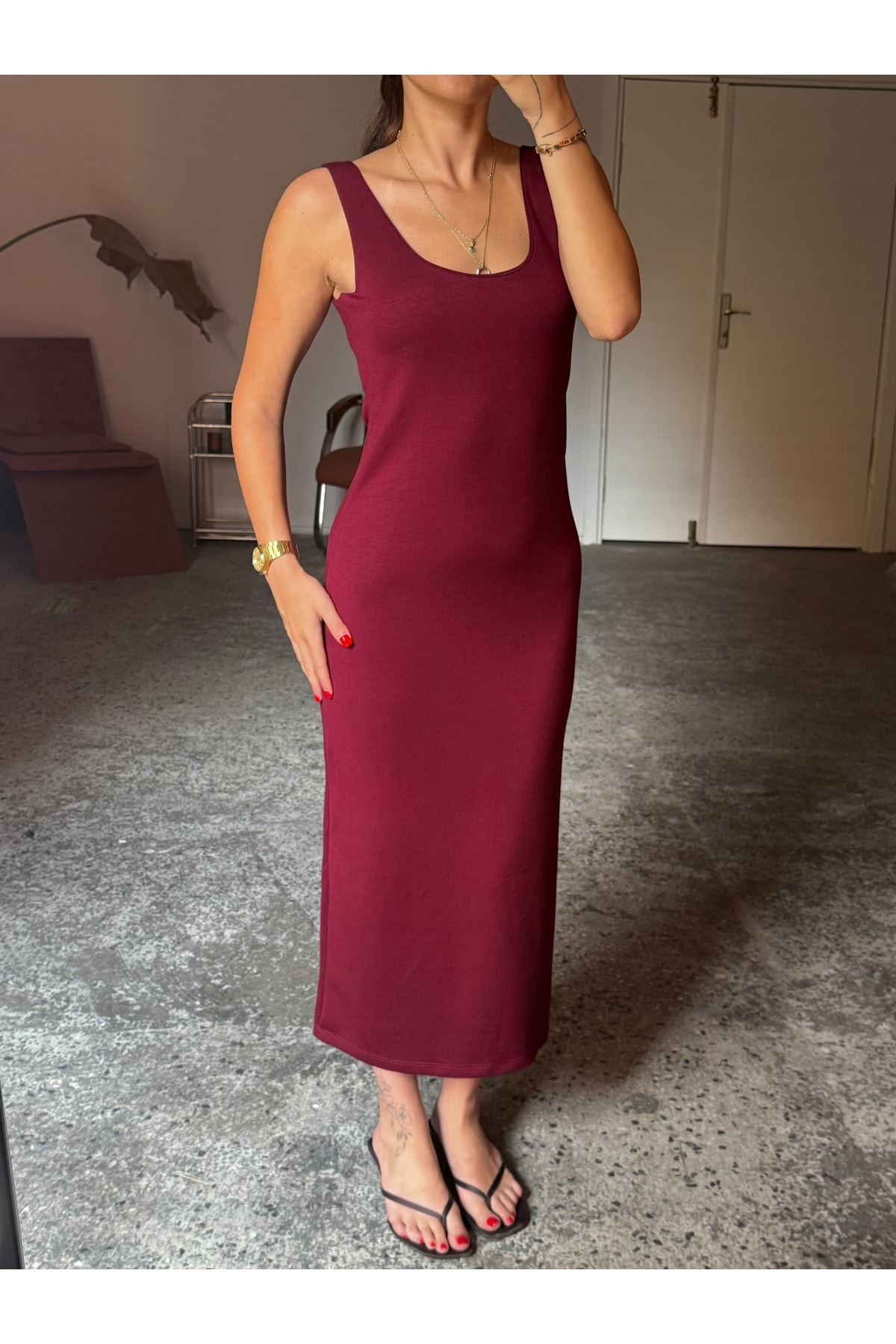 Kalın Askılı Soft Kumaş Midi Elbise - BORDO