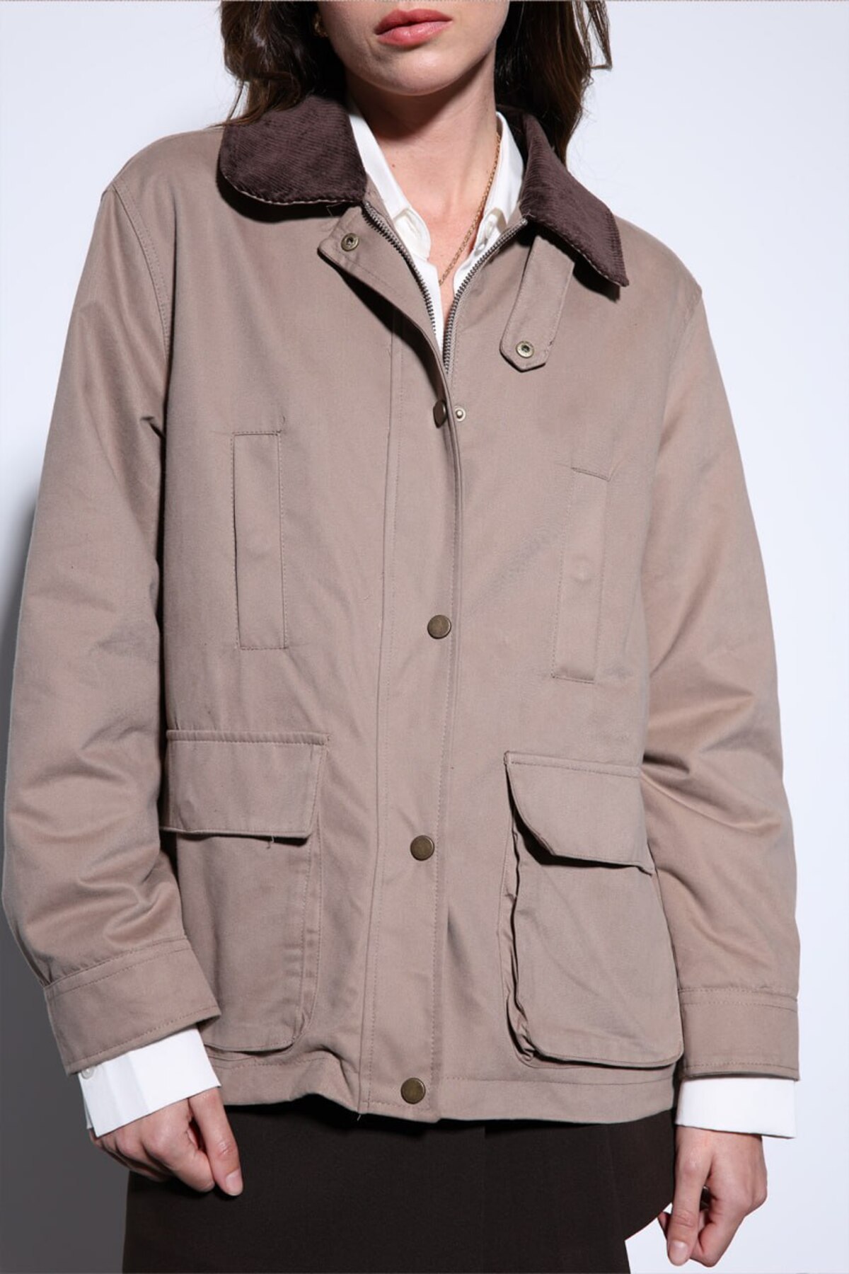 Kadife Yakalı, Cepli Oversize Mont