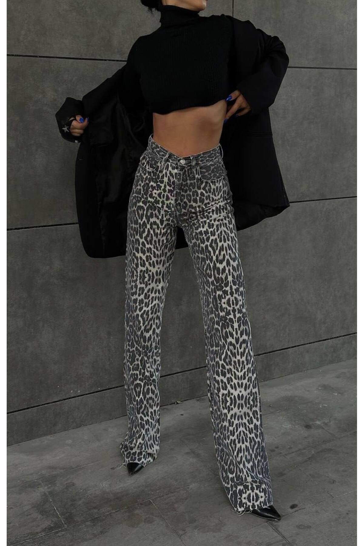 Leopar Printed Straight Kot Pantolon