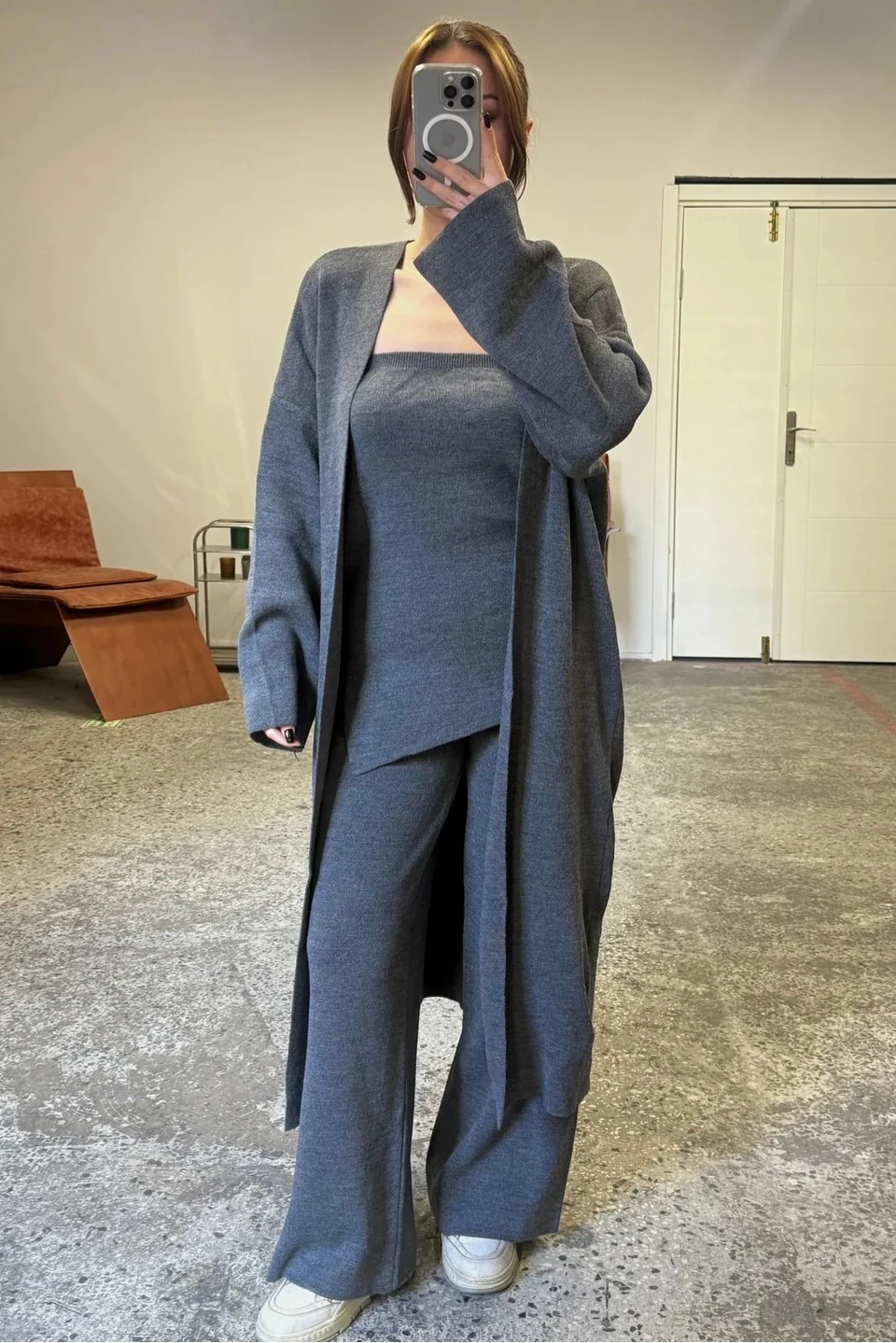 Yünlü Asimetrik Bluz-Pantolon-Hırka 3'lü Triko Takım