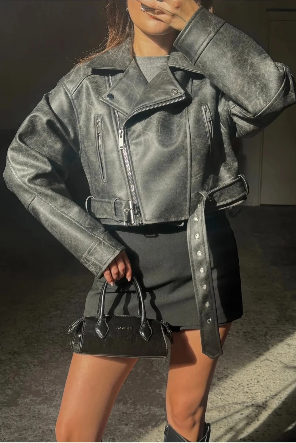 Siyah Suni Deri Crop Biker Ceket 