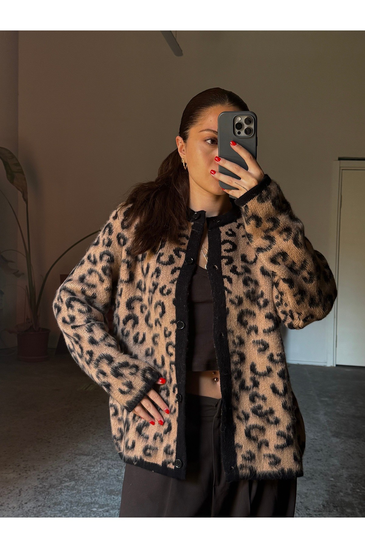 Leopar Desenli Şardonlu Hırka