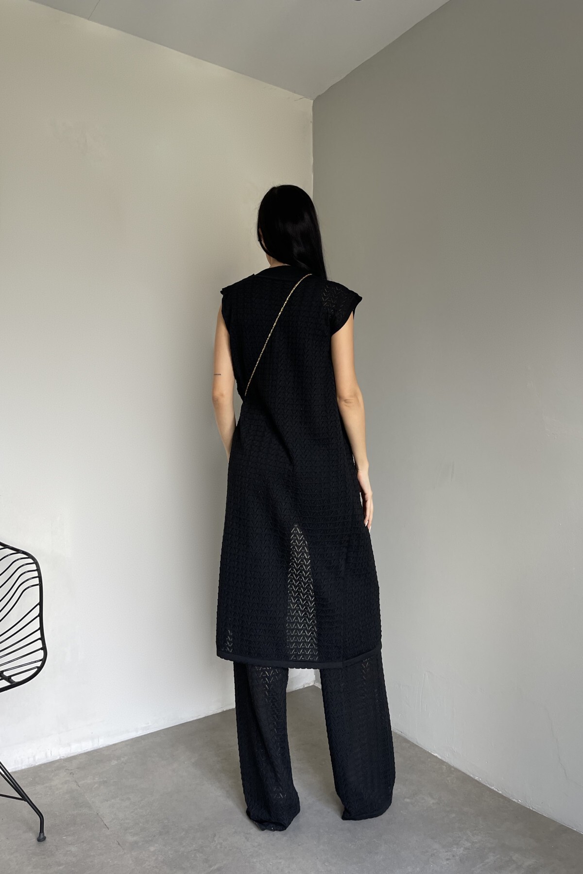 Siyah Yelek Pantolon Crop Bluz Üçlü Kadın Takım