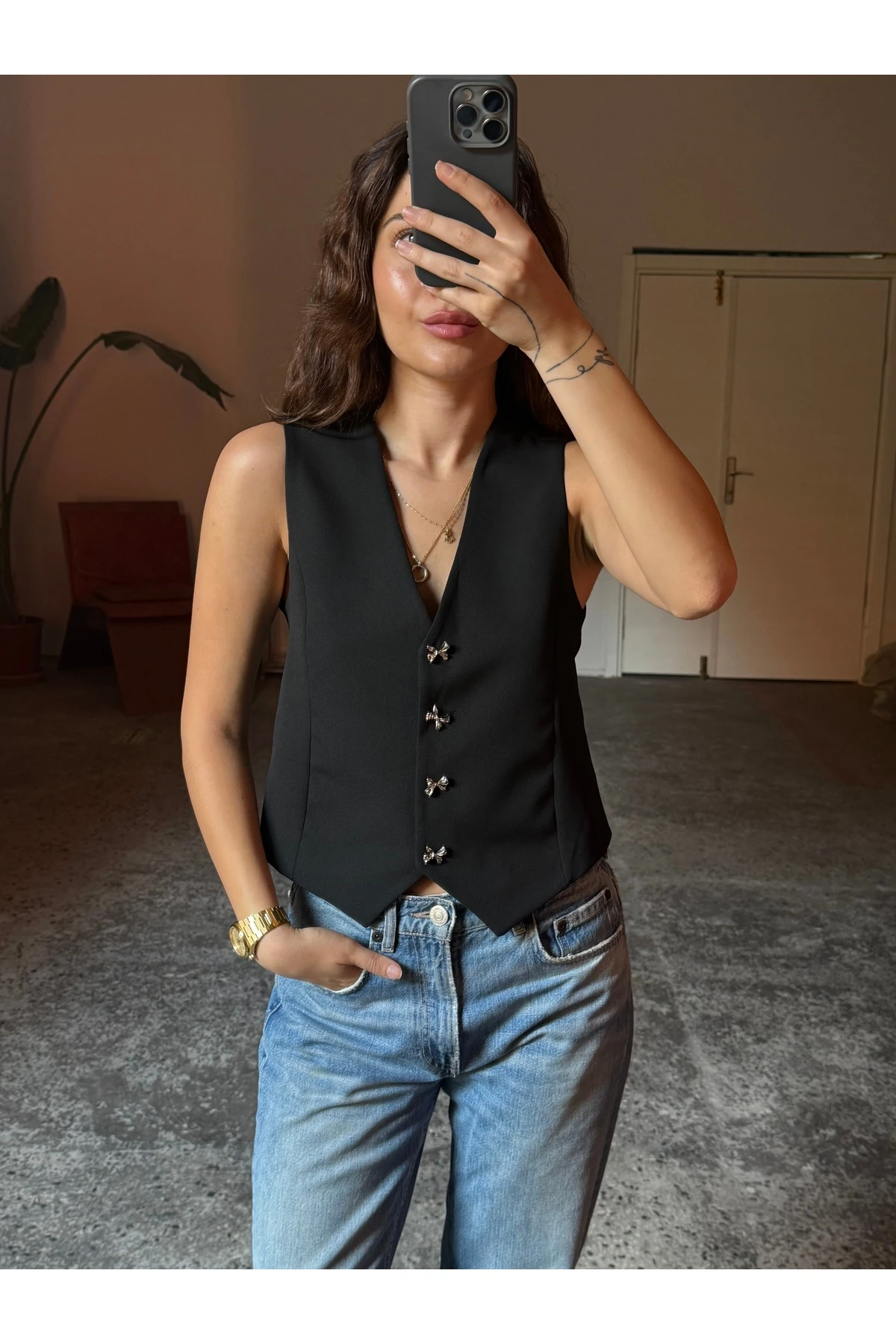 Mini yeşili Silver Kurdele Düğmeli V Yaka Scuba Yelek - siyah