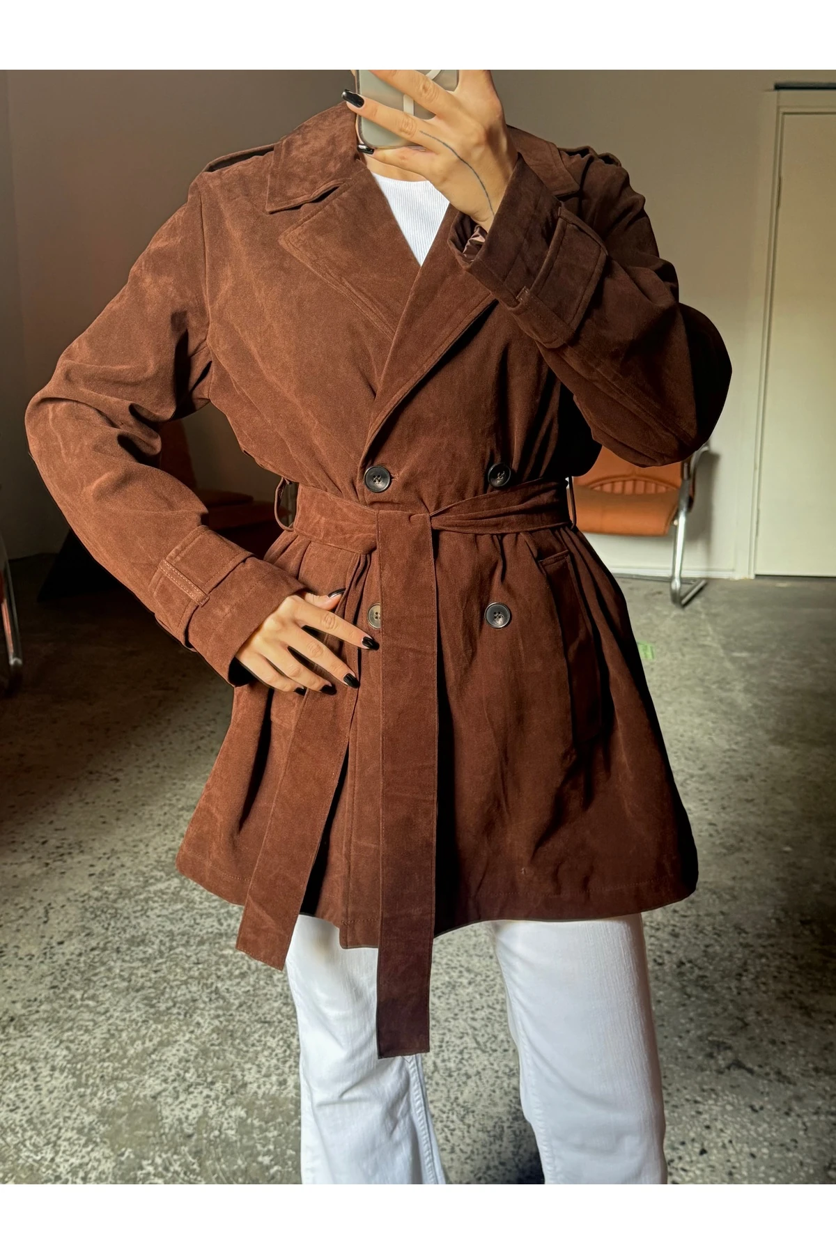 Beli Kuşaklı Süet Taba Ceket